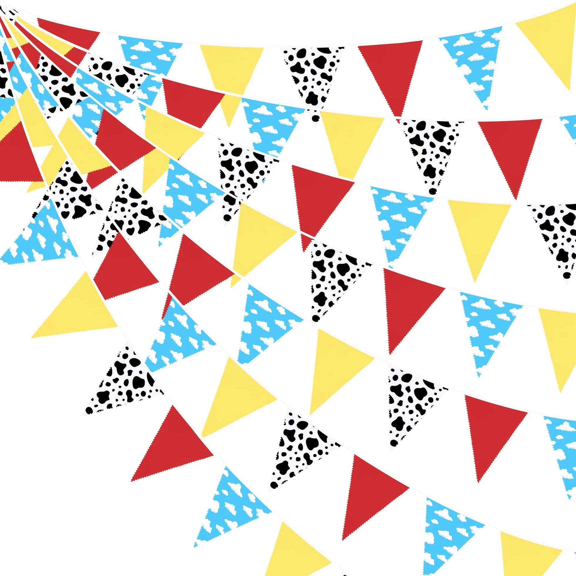Decoración de fiesta de dibujos animados de 32 pies, rojo, azul, amarillo, bandera de tela con estampado de nube y vaca, banderín triangular, guirnalda de banderines para niños, cumpleaños, baby