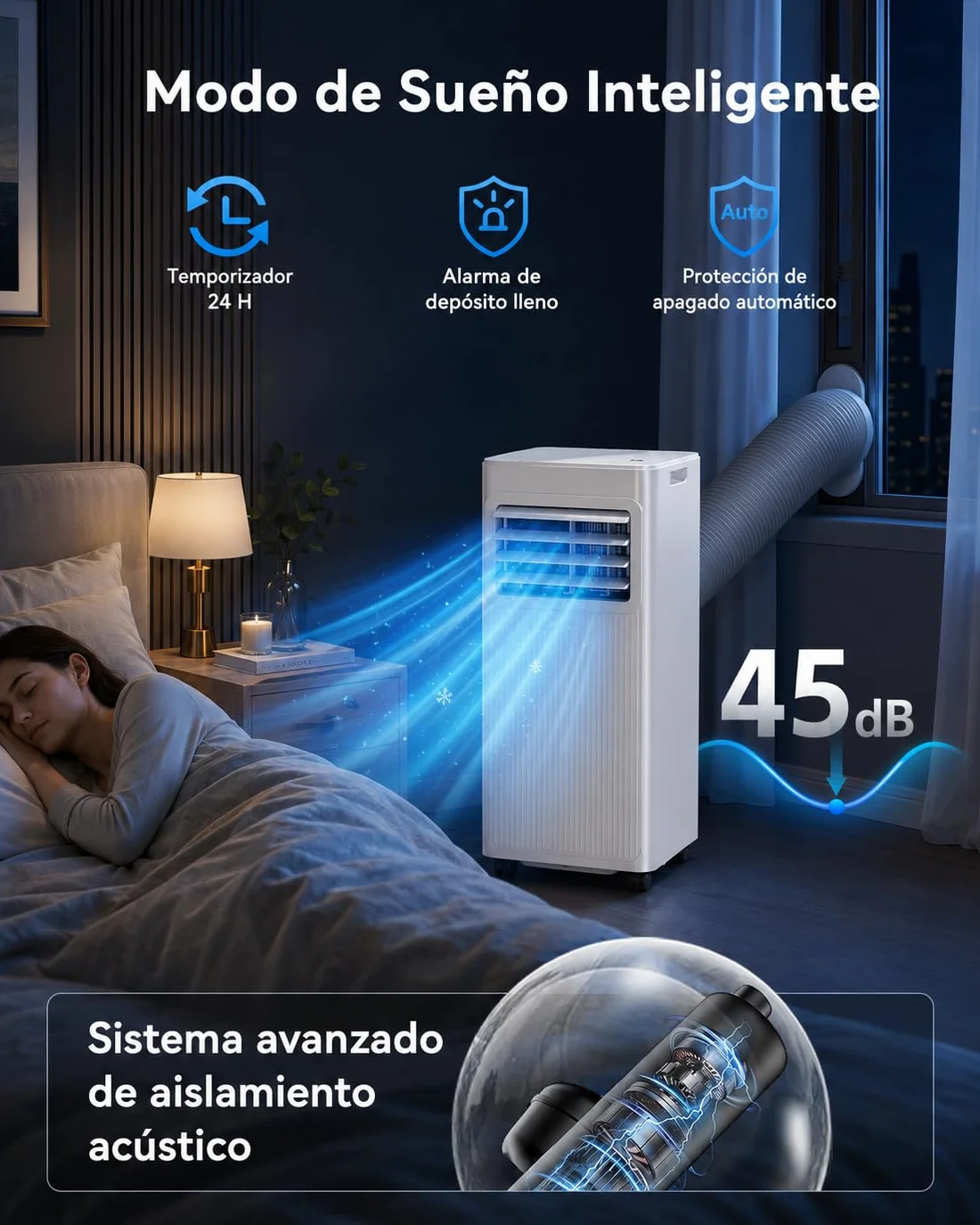 Aire Acondicionado Portátil 7000 BTU, Climatizador 4 en 1 (Frío, Ventilador, Deshumidificador 19L/D, Noche), Bajo Consumo, Silencioso, Temporizador 24H, Mando, Kit de Ventana Incluido, Blanco