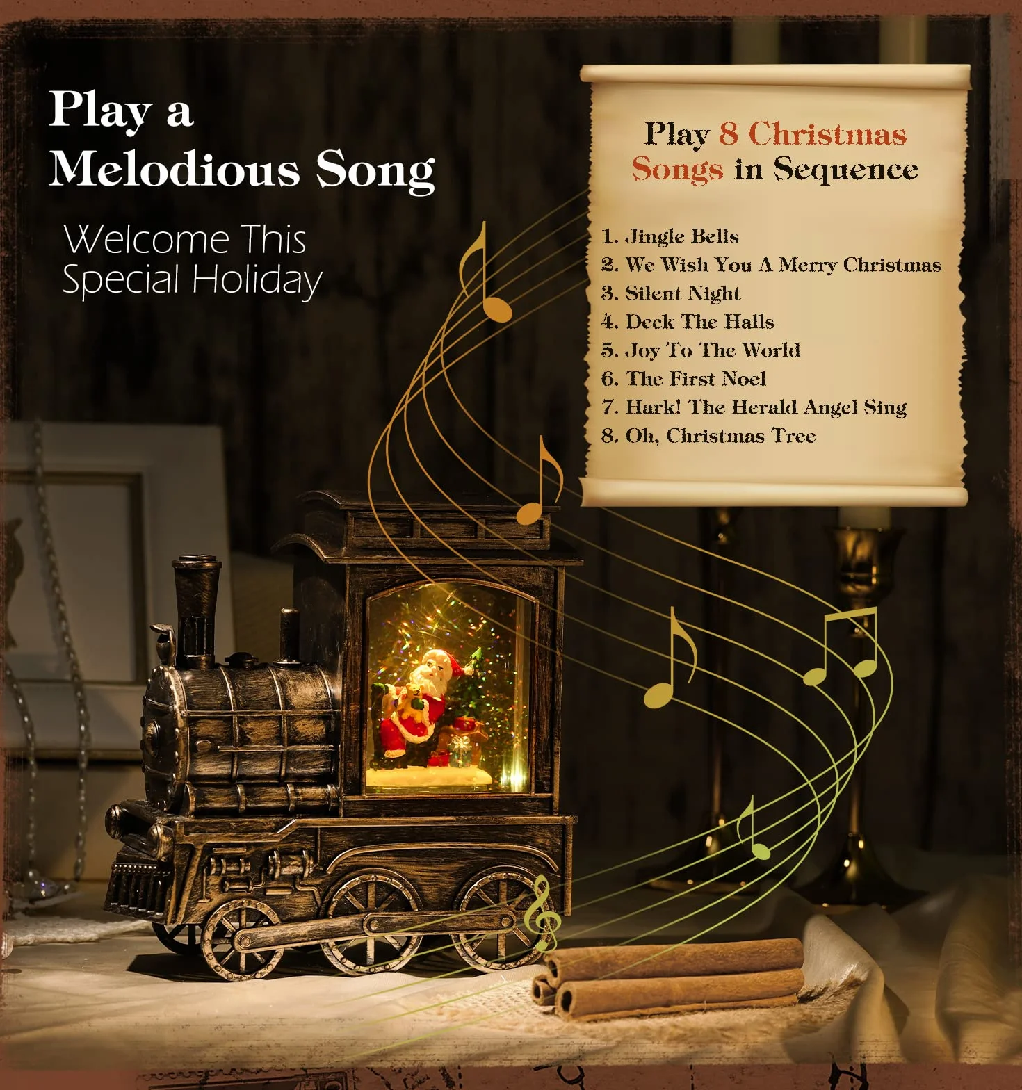 Lewondr Bola de Nieve Musical de Navidad, Caja de Música Decorativa en Forma de Tren con Papá Noel, Decoración de Mesa Funciona con Pilas/USB con Purpurina Remolinada & Proyección & Temporizador