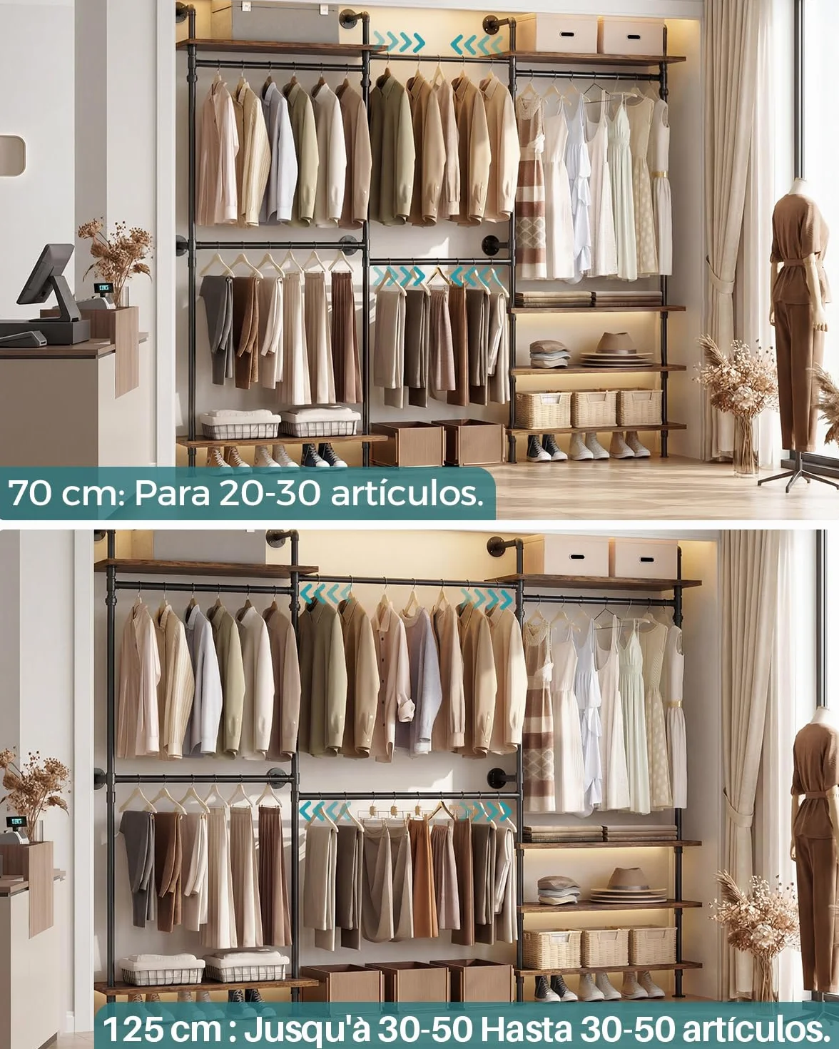 iSunirm Sistema de Armario Abierto – Barra Telescópica de Gran Capacidad, Armario de Acceso Facil, Diseño de Tubo Industrial