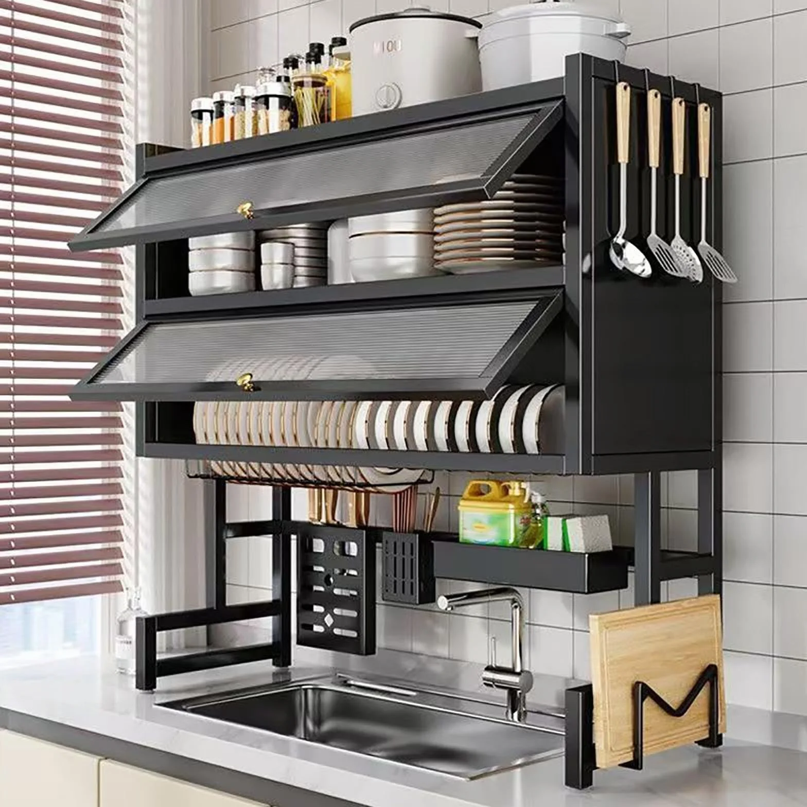 Escurridor de Cocina de Dos Niveles para encimera, escurreplatos de sobremesa, diseño de Doble Capa,Apto para Colocar Cuencos, Platos, Tazas y Cubiertos.(Black,95cm/37.4in)