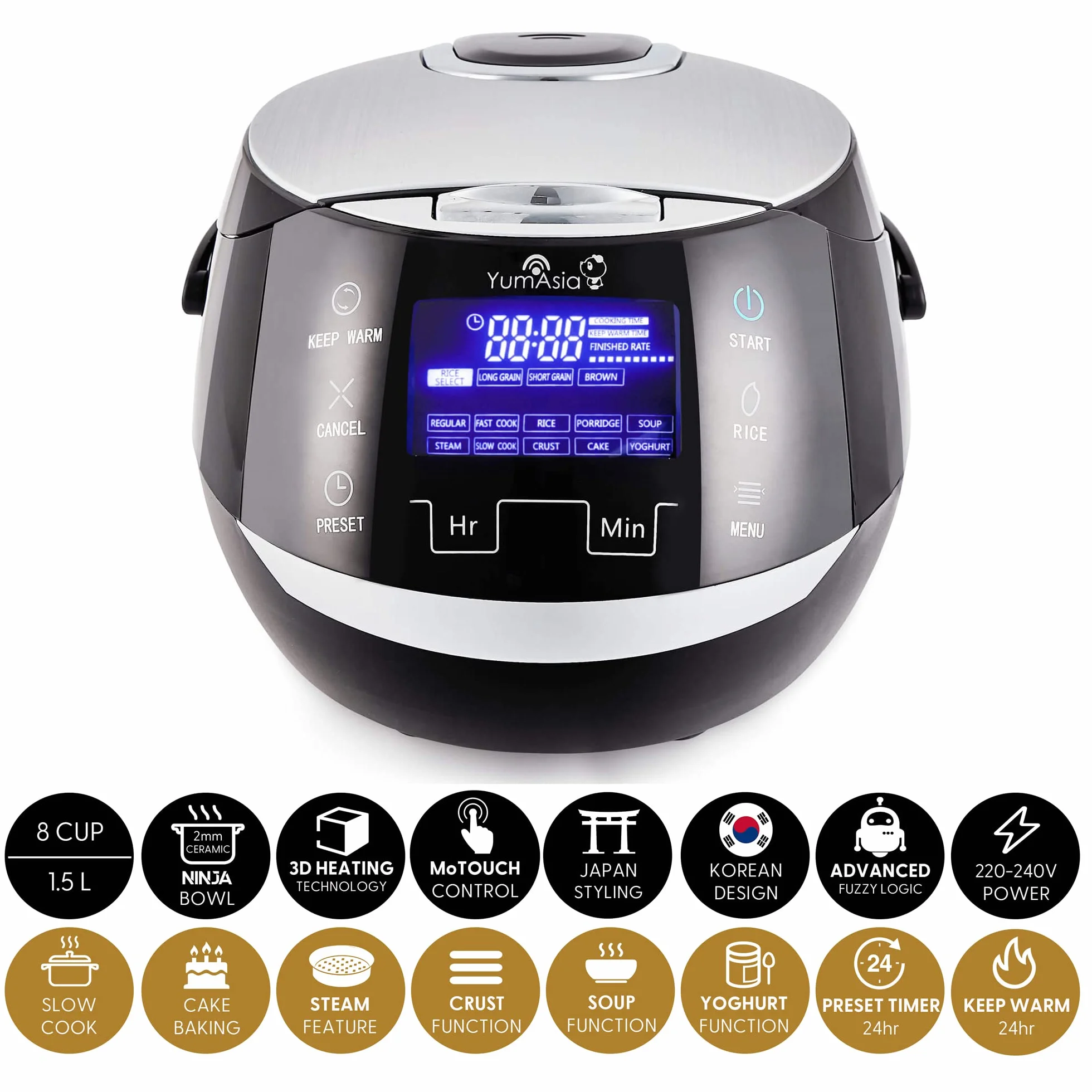 Yum Asia Sakura Olla arrocera con cuenco de cerámica y lógica difusa avanzada (8 tazas, 1,5 litros) 6 funciones de cocción de arroz, 6 funciones de multicocina, pantalla LED Motouch, 220-240V EU