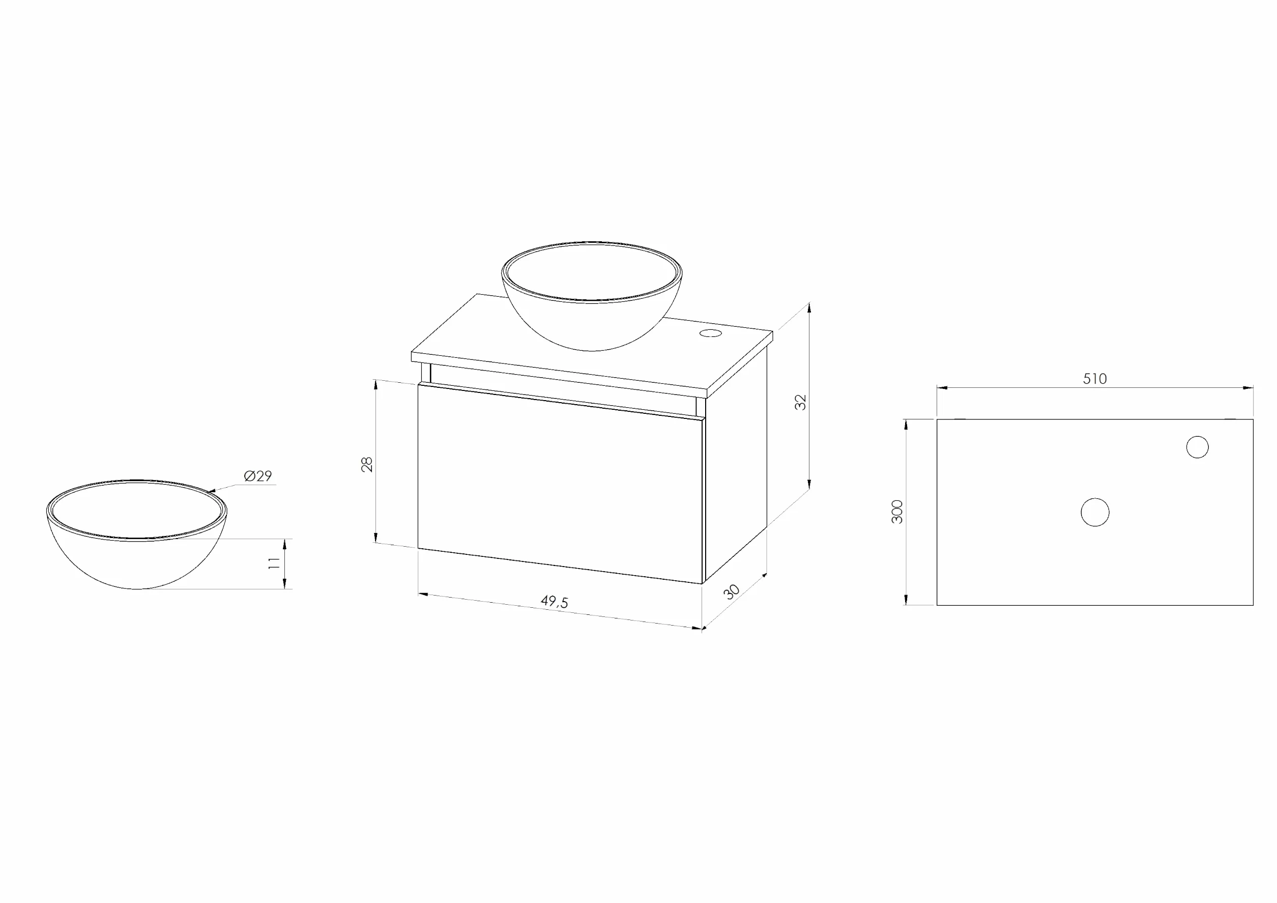 BELLOBATH - Mueble Baño Suspendido con Lavabo de Cerámica Redondo, Mueble Baño con Lavabo Montado con 1 Cajón, 49,5 x 32 x 30 cm, Mueble Blanco/Roble
