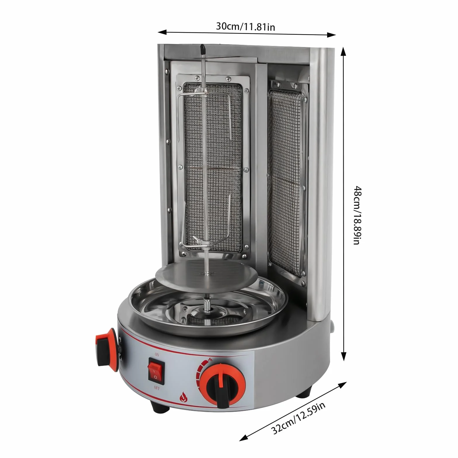 Shawarma asador vertical 360° acero inoxidable con dos interruptores térmicos ajustables