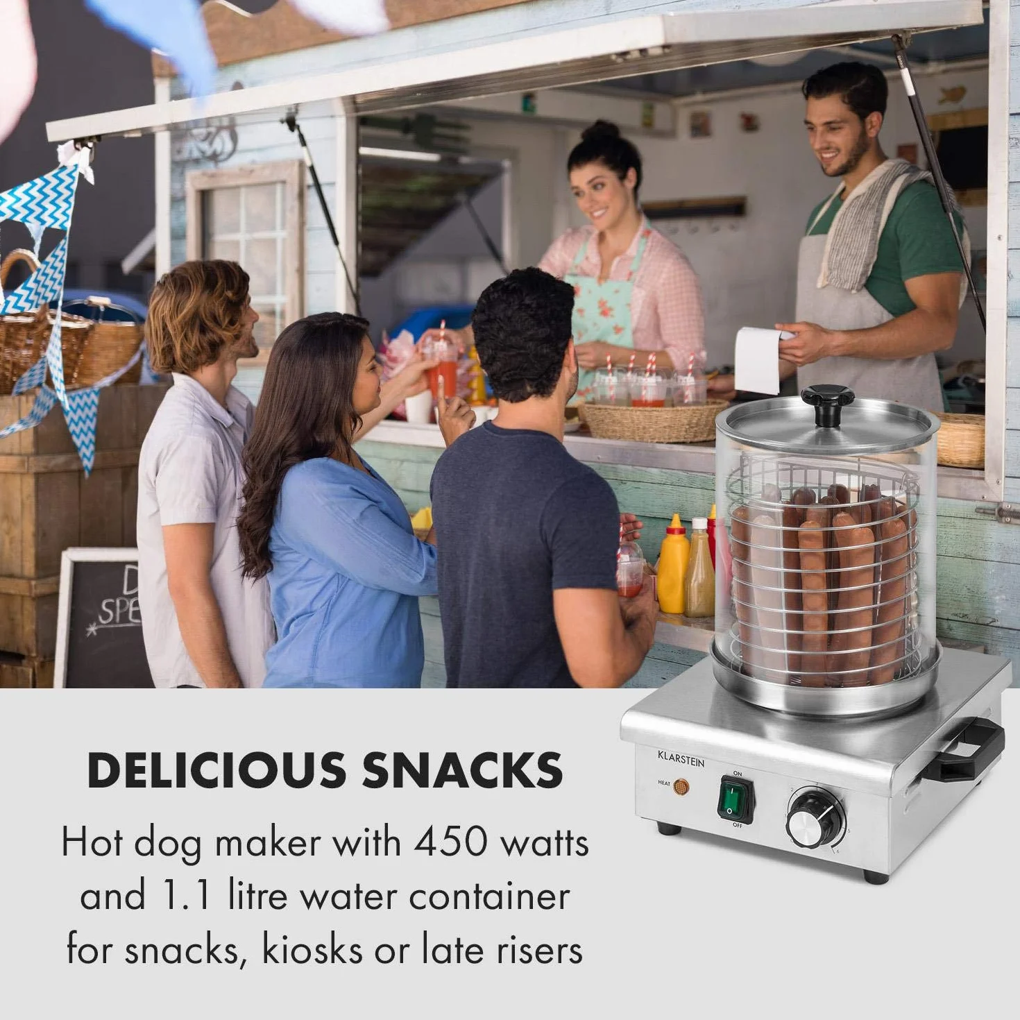 Klarstein Pro Wurstfabrik 450 máquina de perritos calientes - 450 W, 30-100 °C, cilindro de vidrio de Ø 20 cm, jaula desmontable de Ø 17 cm / 5 litros, acero inoxidable, depósito de 1,1 l, plateado