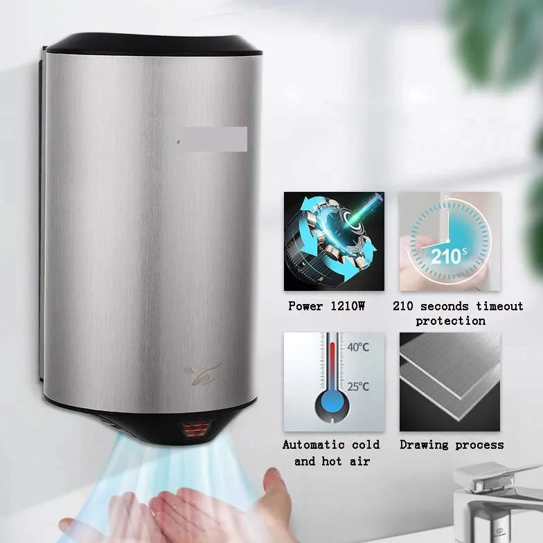 Secador de manos, Sensor de secador de manos automático for el hogar, dispositivo de secado de manos for Hotel, calentador eléctrico de aire caliente for baño, viento,Flujo de aire potente(Brushed si