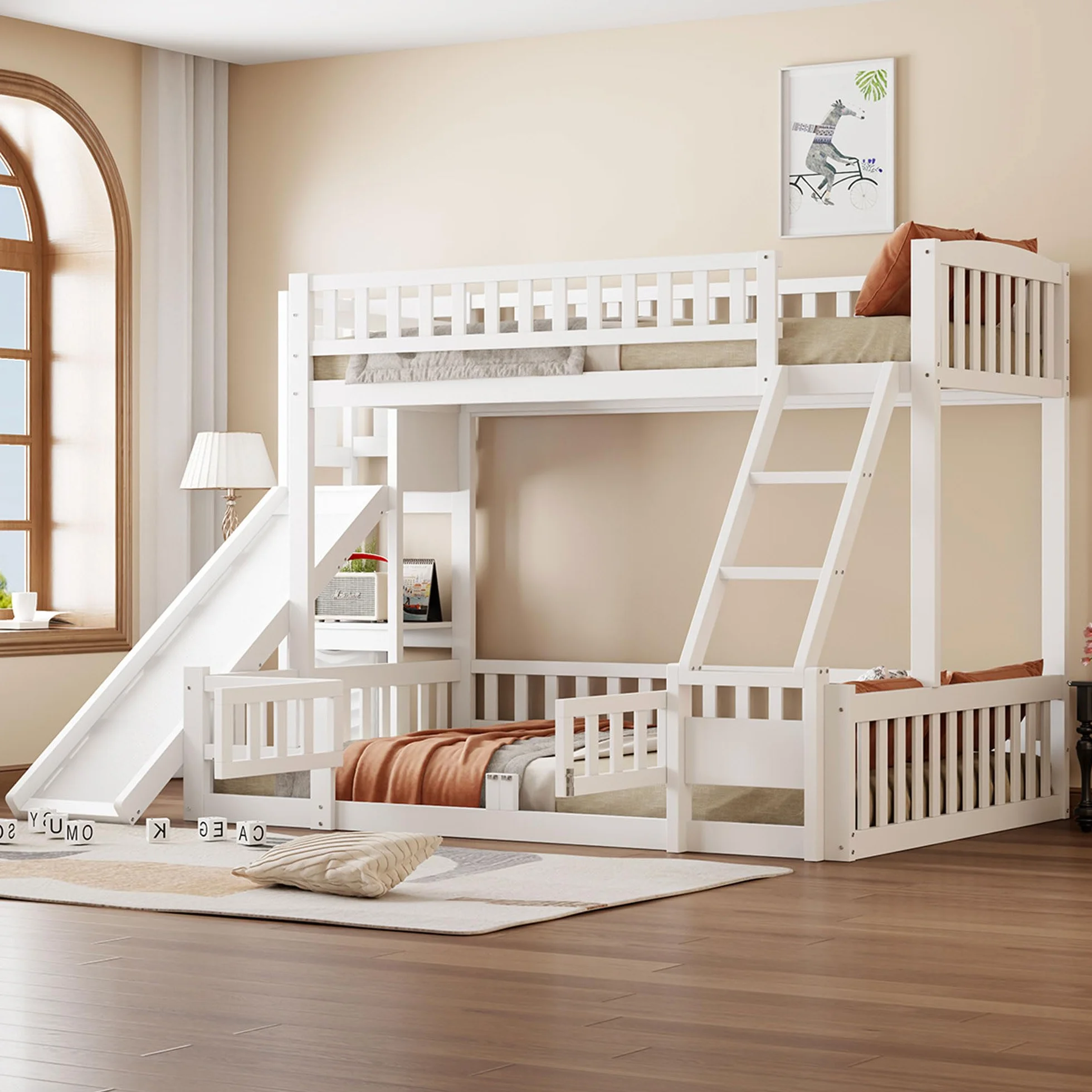 Lubvtti Litera Infantil 90/140 x 200 cm con tobogán,Cama Infantil con estantes y guías de Seguridad,Estructura Cama para niños 90/140x200 con somier de láminas,sin colchón,Blanco