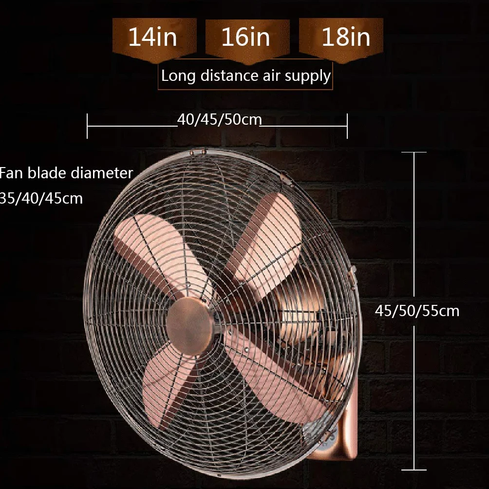 Ventilador eléctrico oscilante de pared con mando a distancia de cobre retro industrial para el hogar 14/16/18 pulgadas