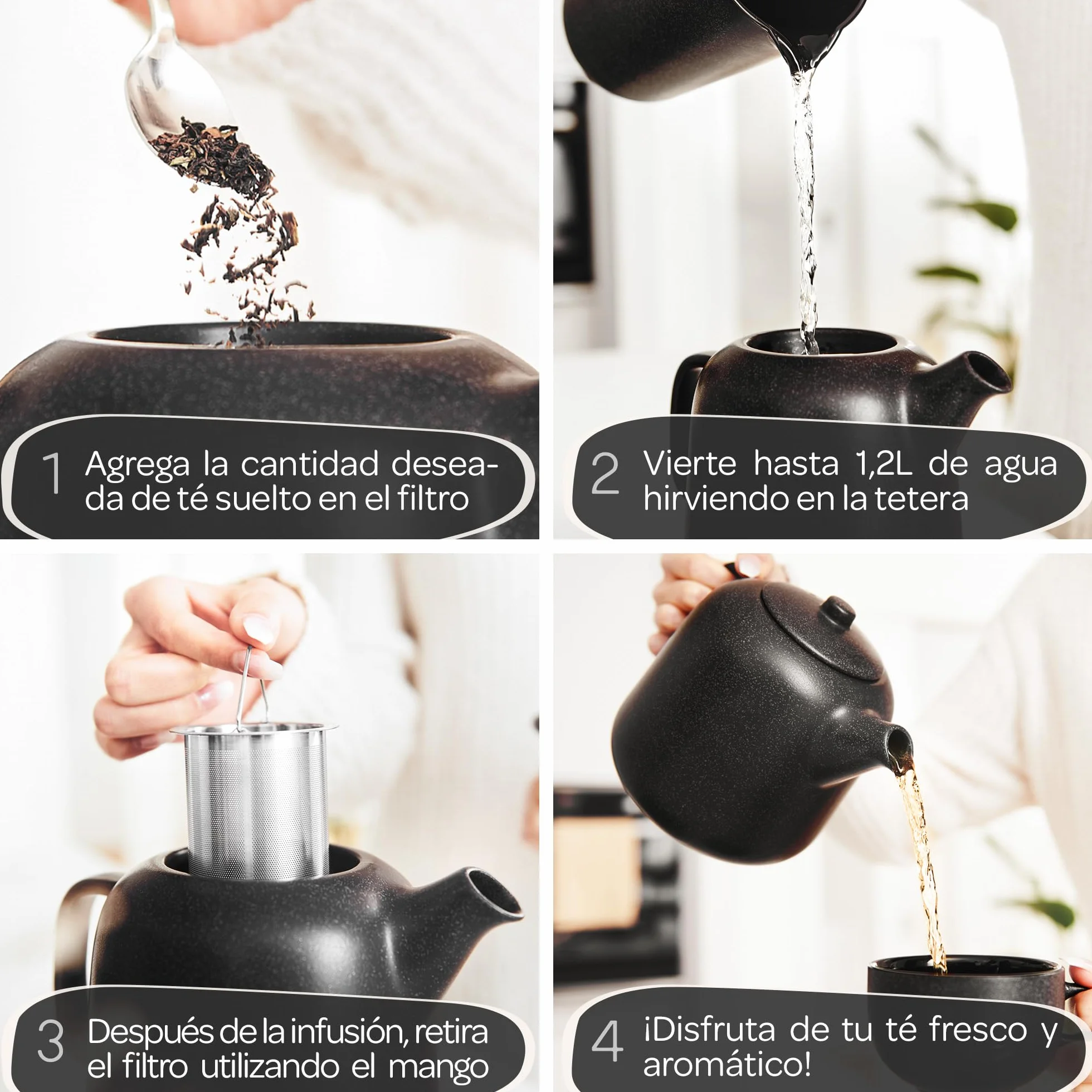 STEINZEIT Tetera de cerámica negra 1,3 L con colador de acero inoxidable 304