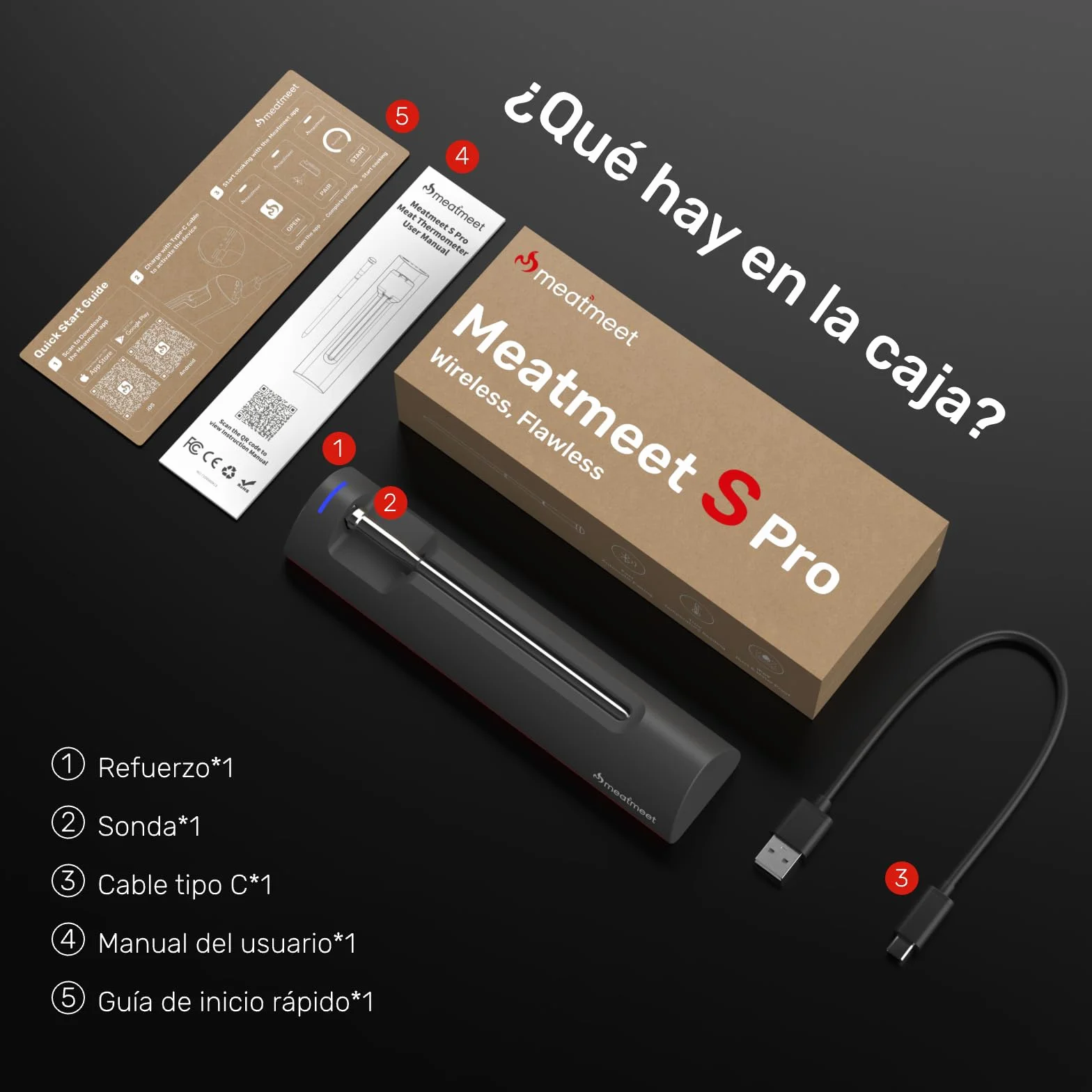 S Pro - Termómetro inalámbrico para carne con Bluetooth, 6 sensores de temperatura funcionan al mismo tiempo, precisión ± 0,1 °C, control de aplicaciones con temporizador y alarma, IP69