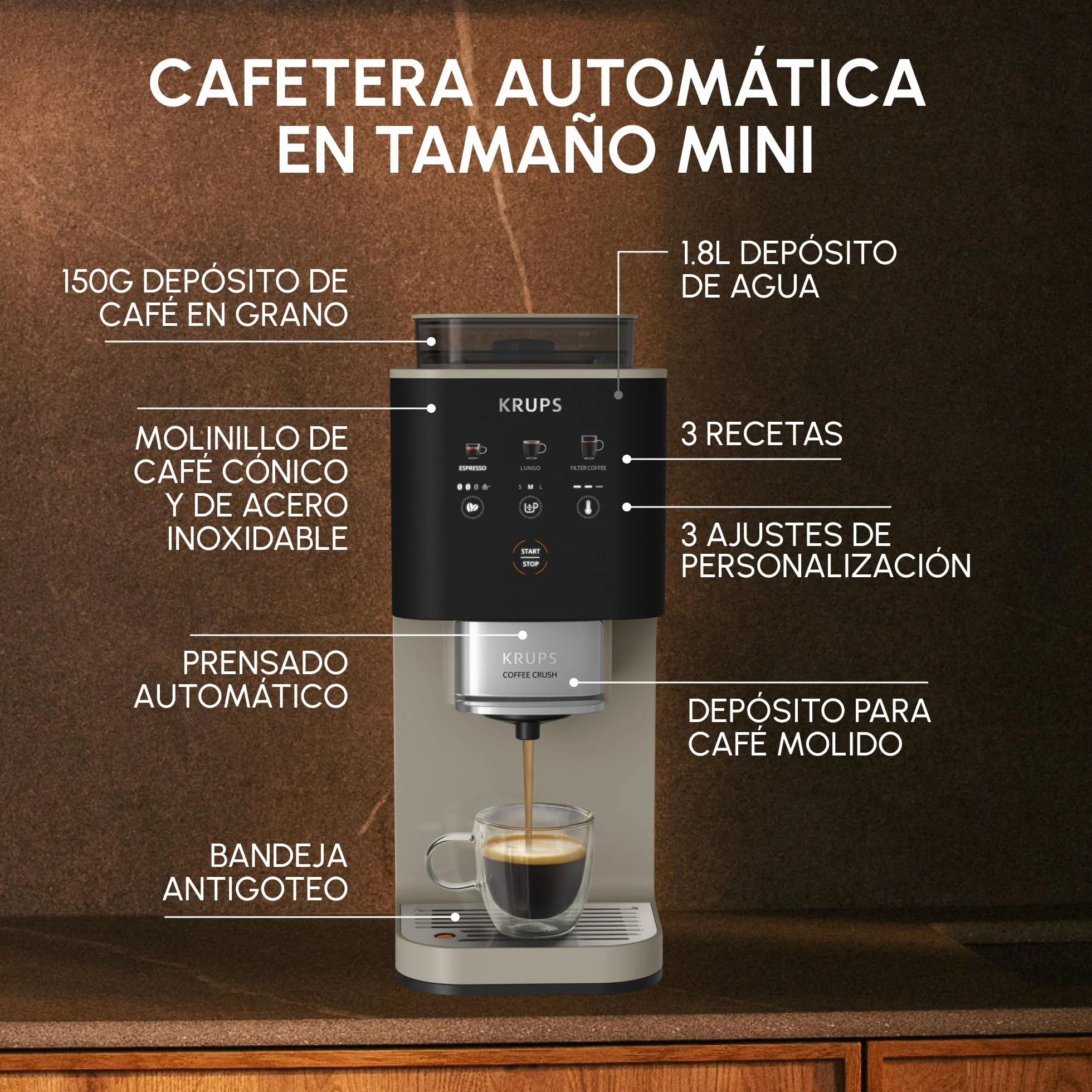 KRUPS Coffee Crush, Cafetera automática, Café en Grano y Molido, 15 Bares, 3 recetas de café, 3 niveles de temperatura y de molienda, Pantalla táctil, Compacta 15 cm de ancho, Beige, SA402AE0