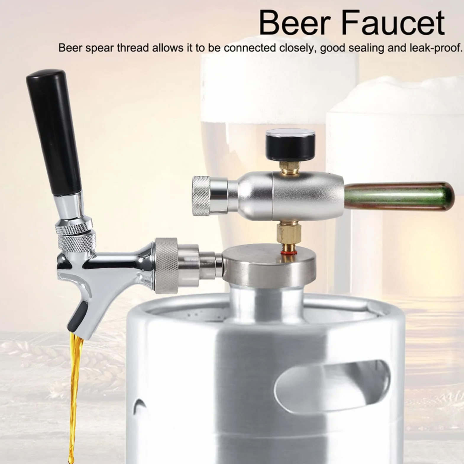 Regulador de CO2, grifo de barril de cerveza de acero inoxidable para 2L/3,6L/4L Mini barril de cerveza Growler,