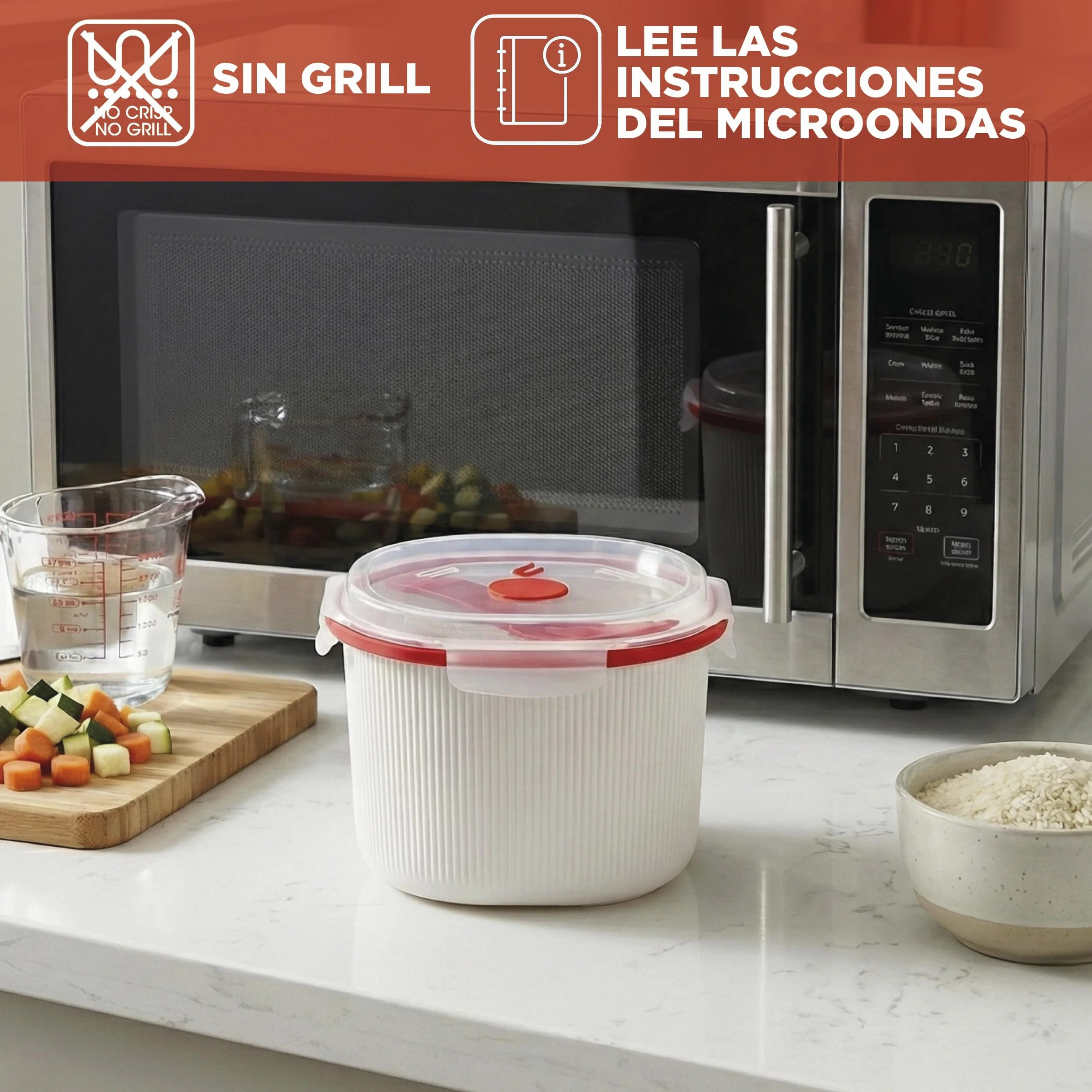 Olla Arrocera Microondas 2.70L Recipiente para Cocina al Vapor, Cereales & Rice Cooker con Espátula, Made in Italy