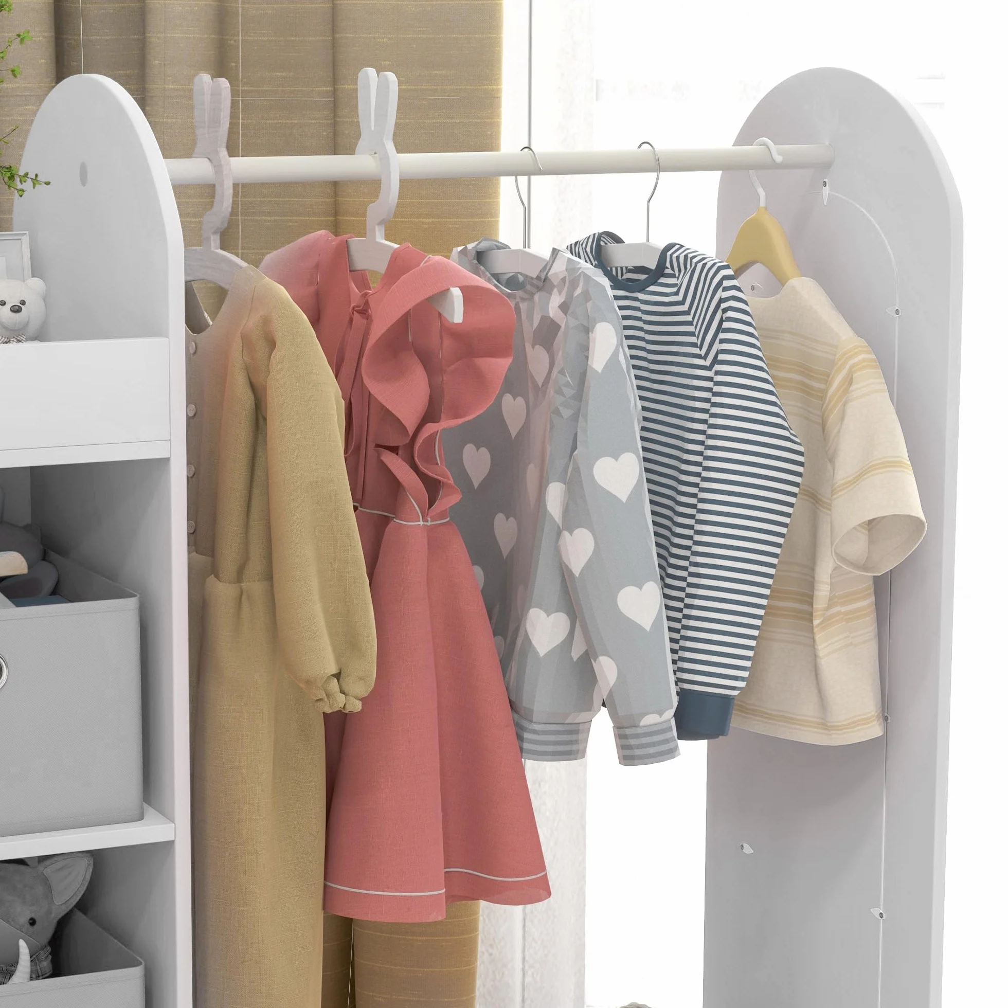 AIYAPLAY Perchero de ropa para niños con estante de almacenamiento, cajas y espejo, armario blanco