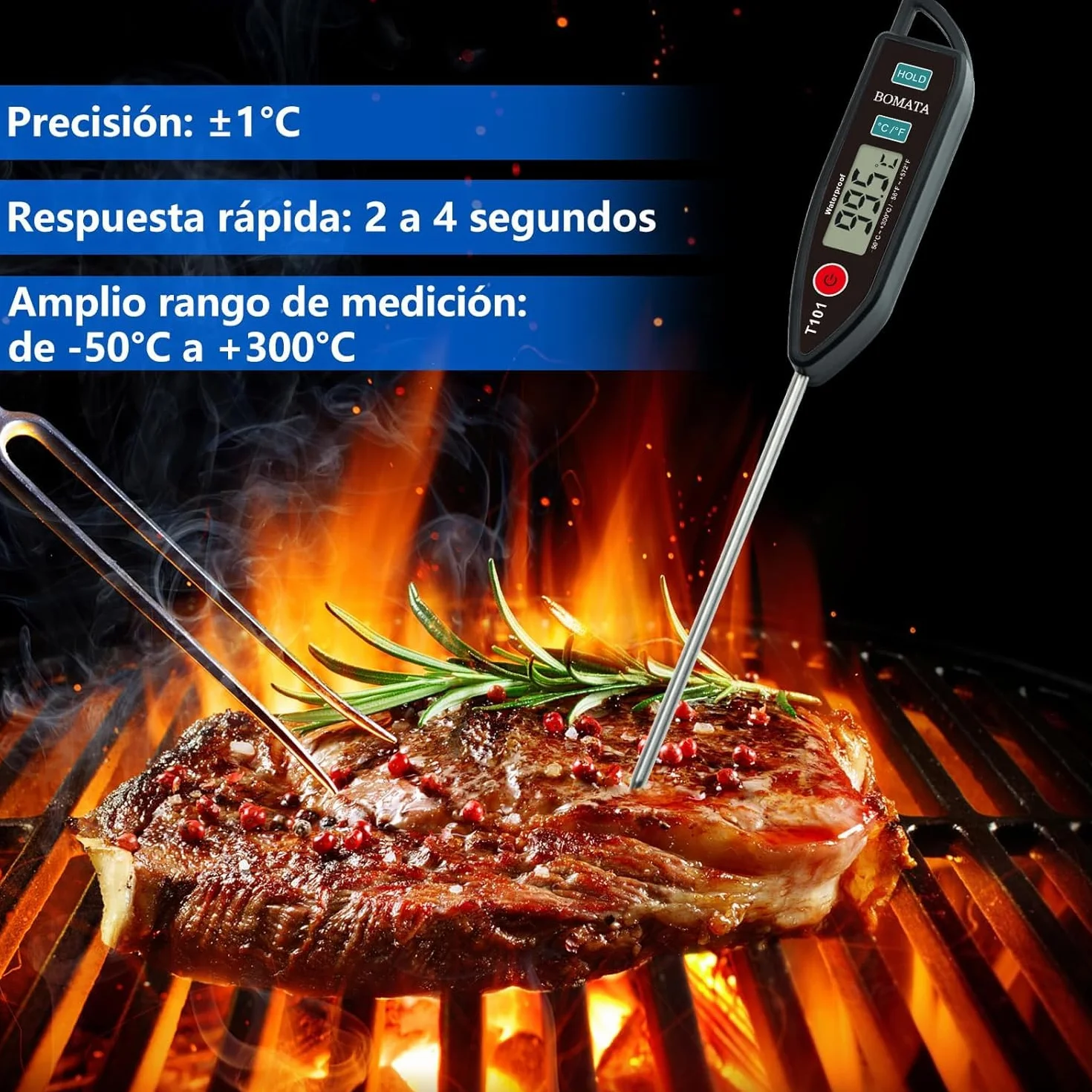 BOMATA Termómetro impermeable IPX7, agua, líquidos, velas y cocina. Termómetro de lectura instantánea para alimentos, con sonda larga, para cocinar, carnes y barbacoas.T101 Negro