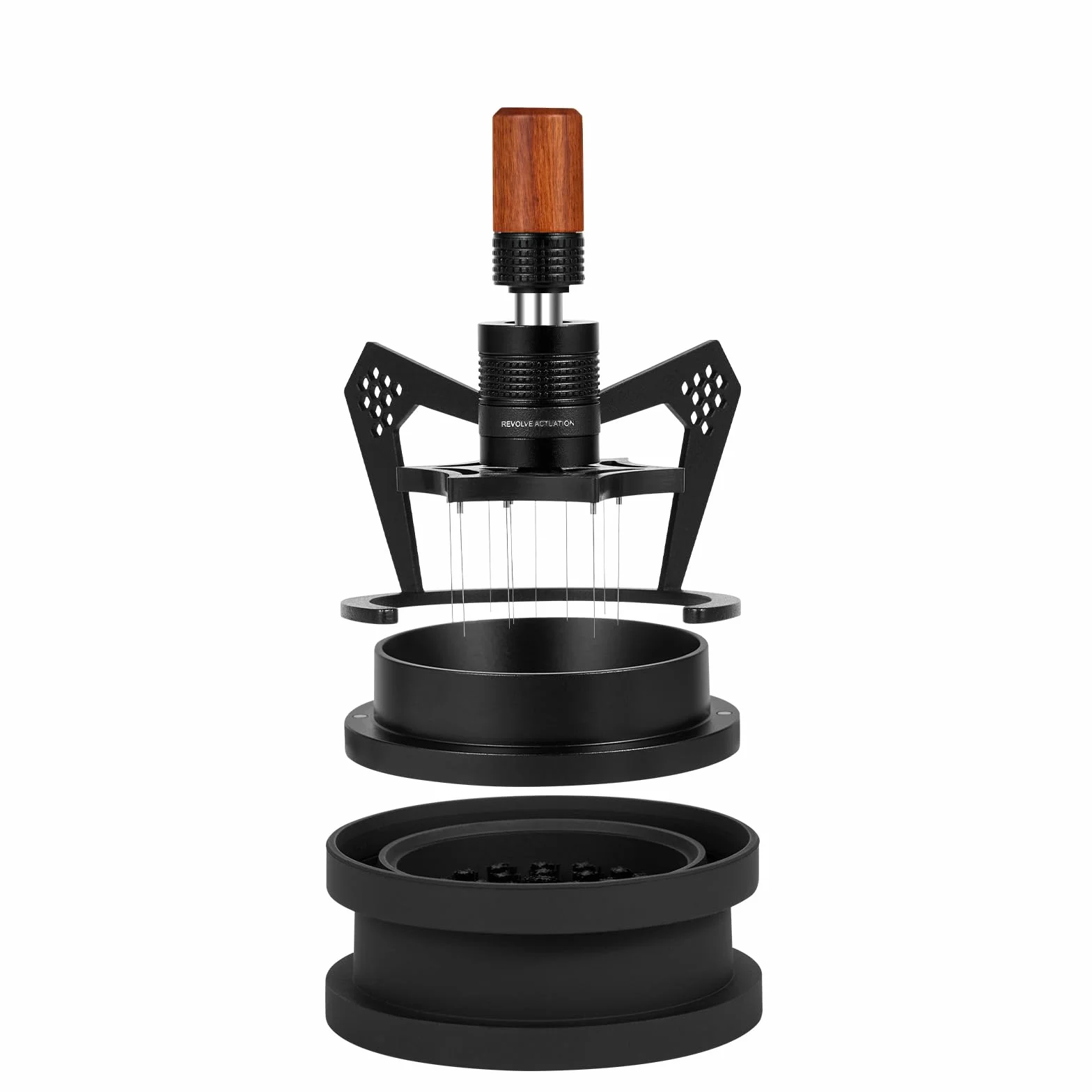 IKAPE Mantis WDT Distribution Tool, 51 mm Espresso Rührer Distribution Tool für Barista - 8 Agujas Espresso Agitador con embudo dosificador y soporte, altura de aguja ajustable, mango de nogal