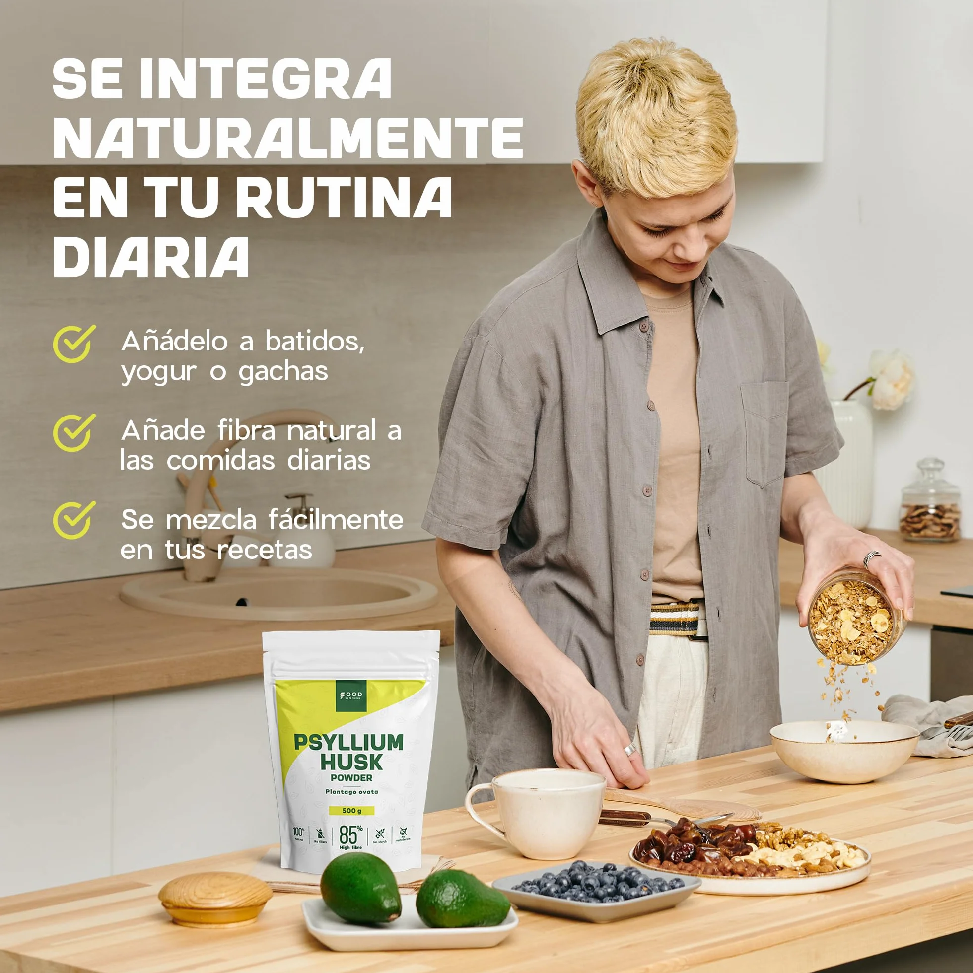 Psyllium Husk en Polvo 500 g - Alto en Fibra (~85%), Sabor Neutro - Vegano, Sin OGM - Plantago Ovata