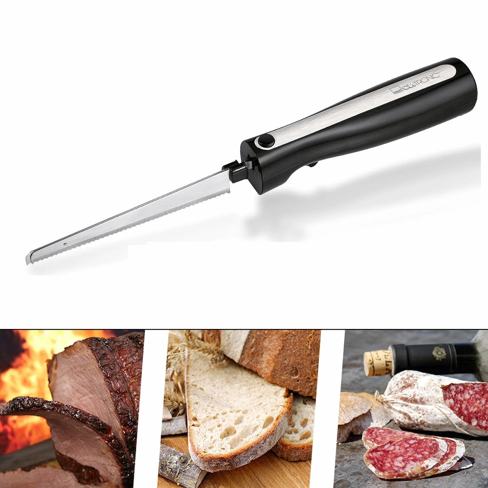 Cuchillo eléctrico para pan de carne con cuchillas dobles de acero inoxidable, incluye caja y paño de cuidado, cuchillo electrónico, potente motor de 120 W, silencioso, inoxidable, color negro