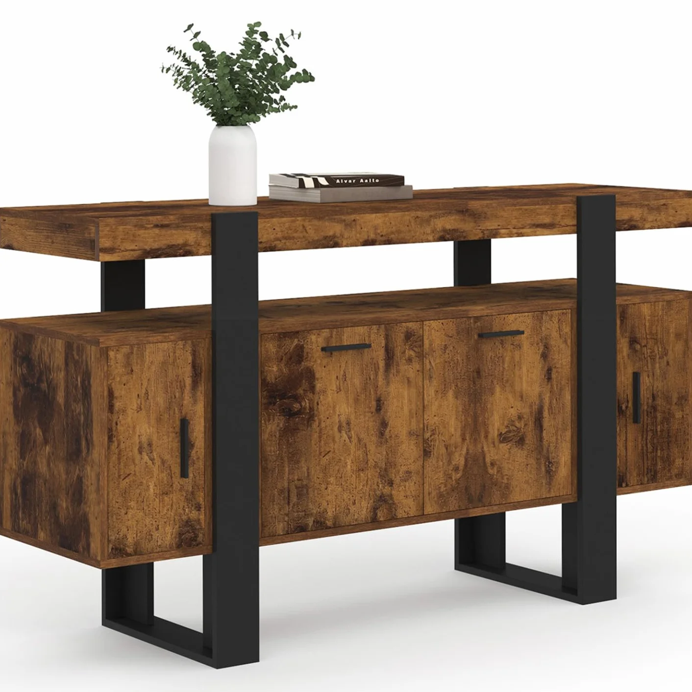 IDMarket Phoenix - Aparador de 140 cm, 4 puertas, efecto madera antigua y negro