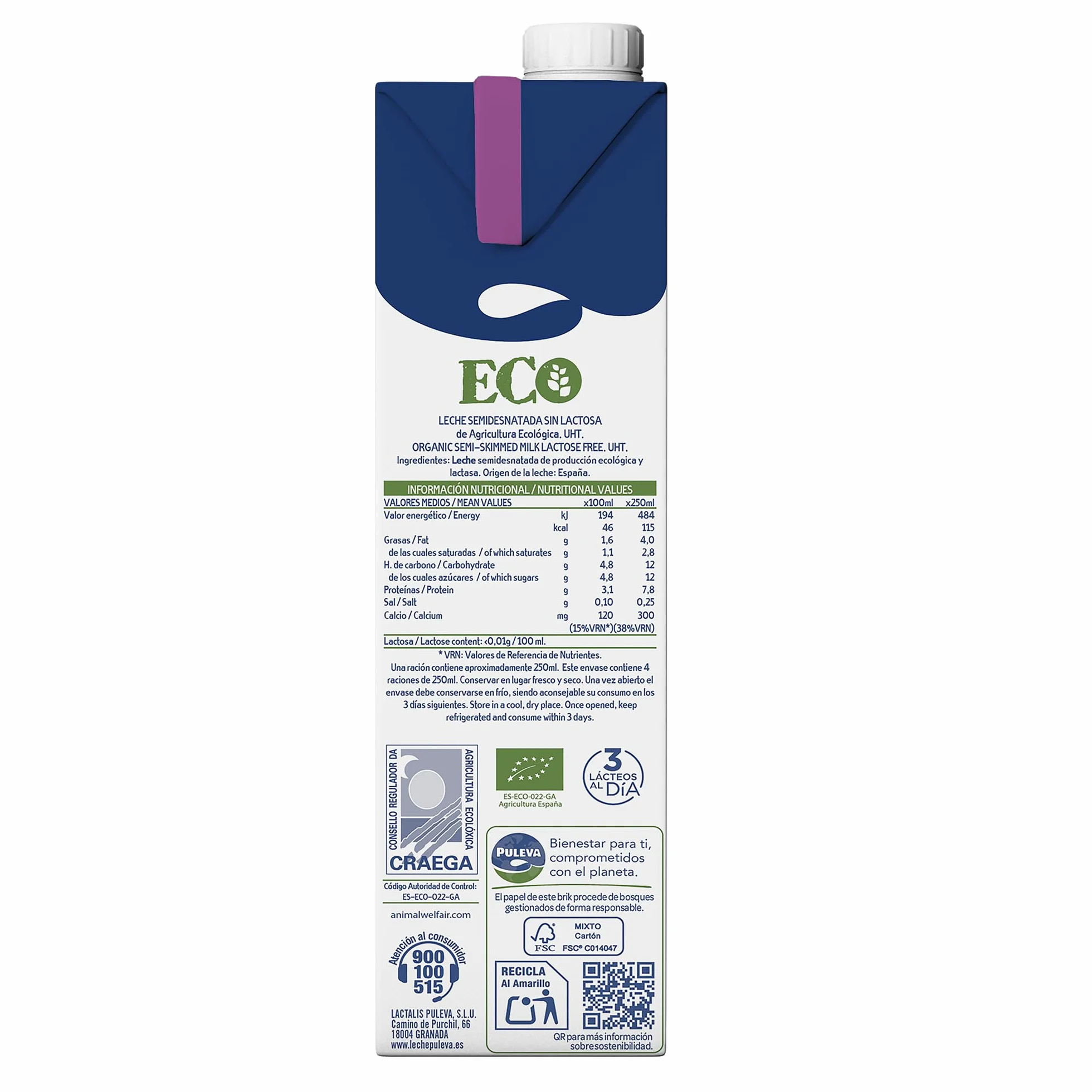 Puleva ECO Leche Ecológica Sin Lactosa Semidesnatada BIO Pack 6 x 1L