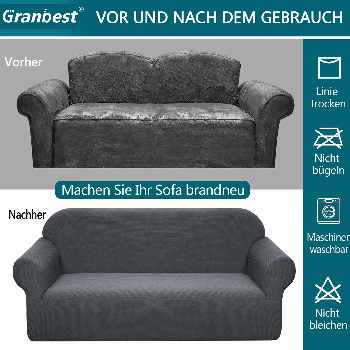 Granbest Funda de sofá elástica 3 plazas Gris