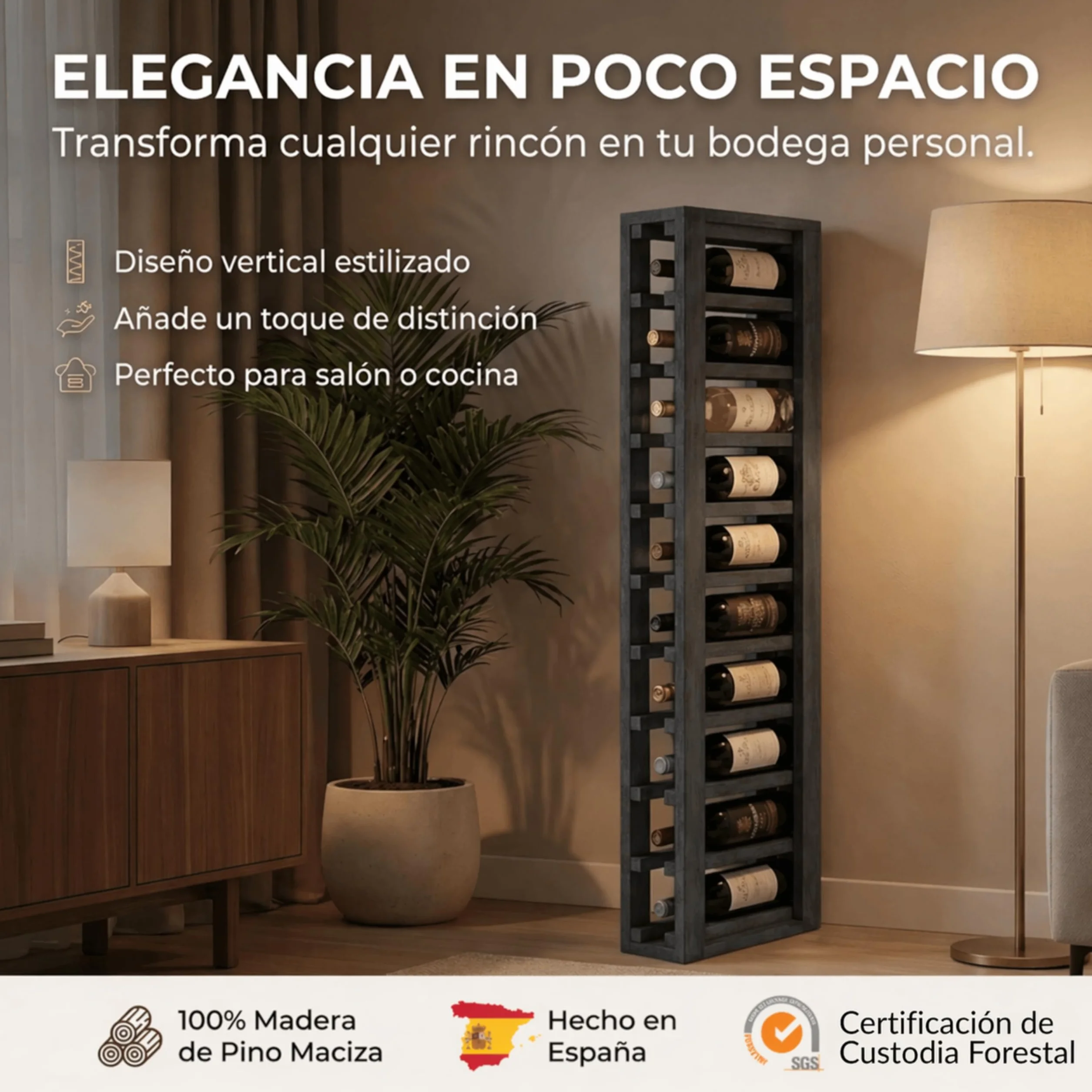 Botellero Vino de Madera Vertical 10 Botellas Pino Negro 105x13x32 cm