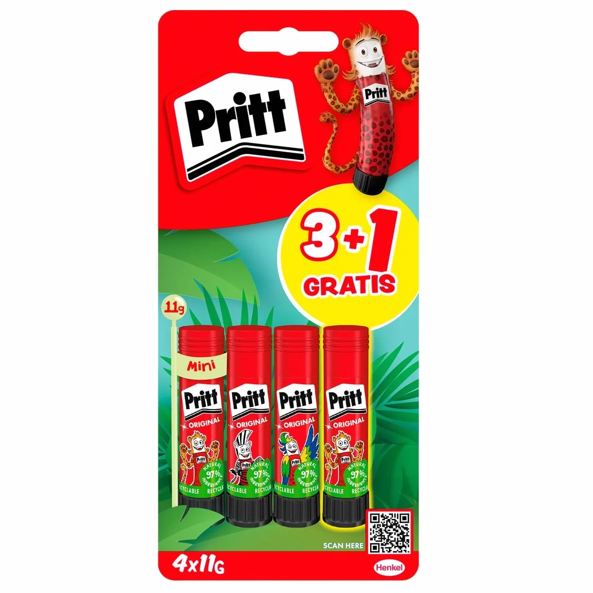 Pritt Barra Adhesiva, pegamento infantil seguro para niños, cola universal 3+1 x 11 g
