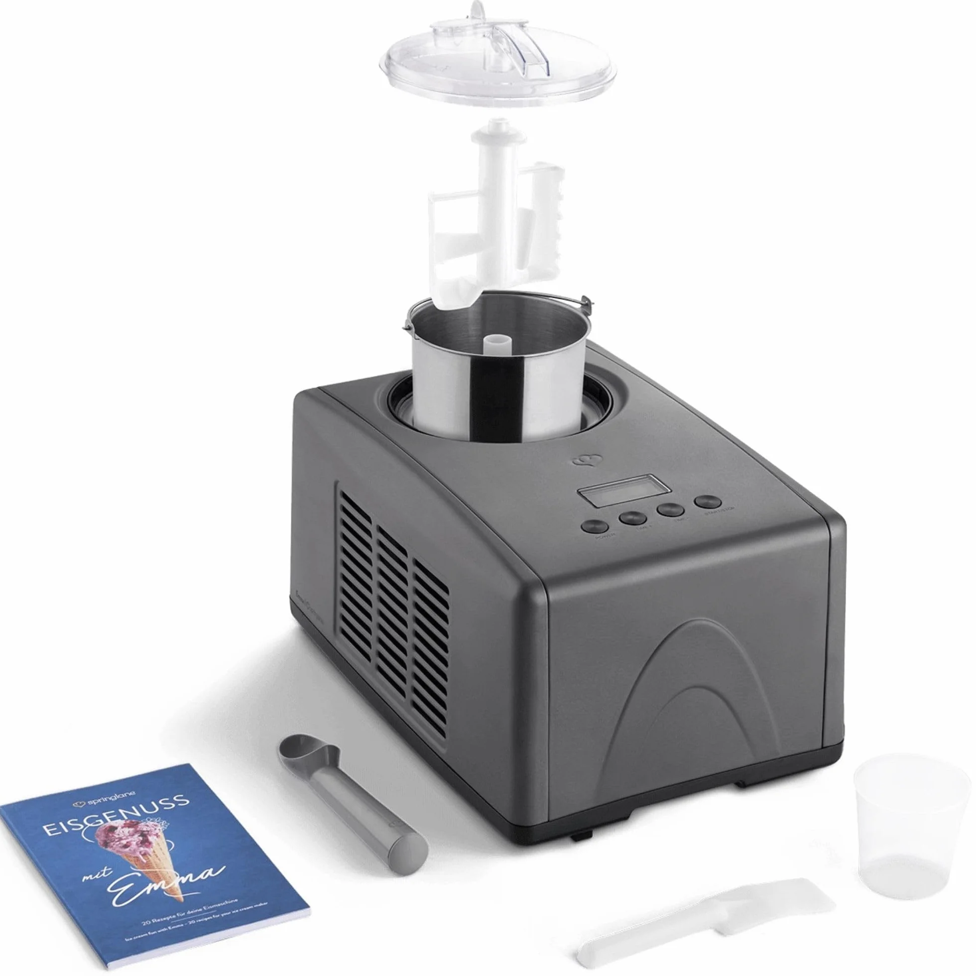 SPRINGLANE - Máquina de hielo para helados Emma con compresor autoenfriador, 1,5 l máquina de hielo de acero inoxidable con apagado automático, contenedor de hielo extraíble, LCD