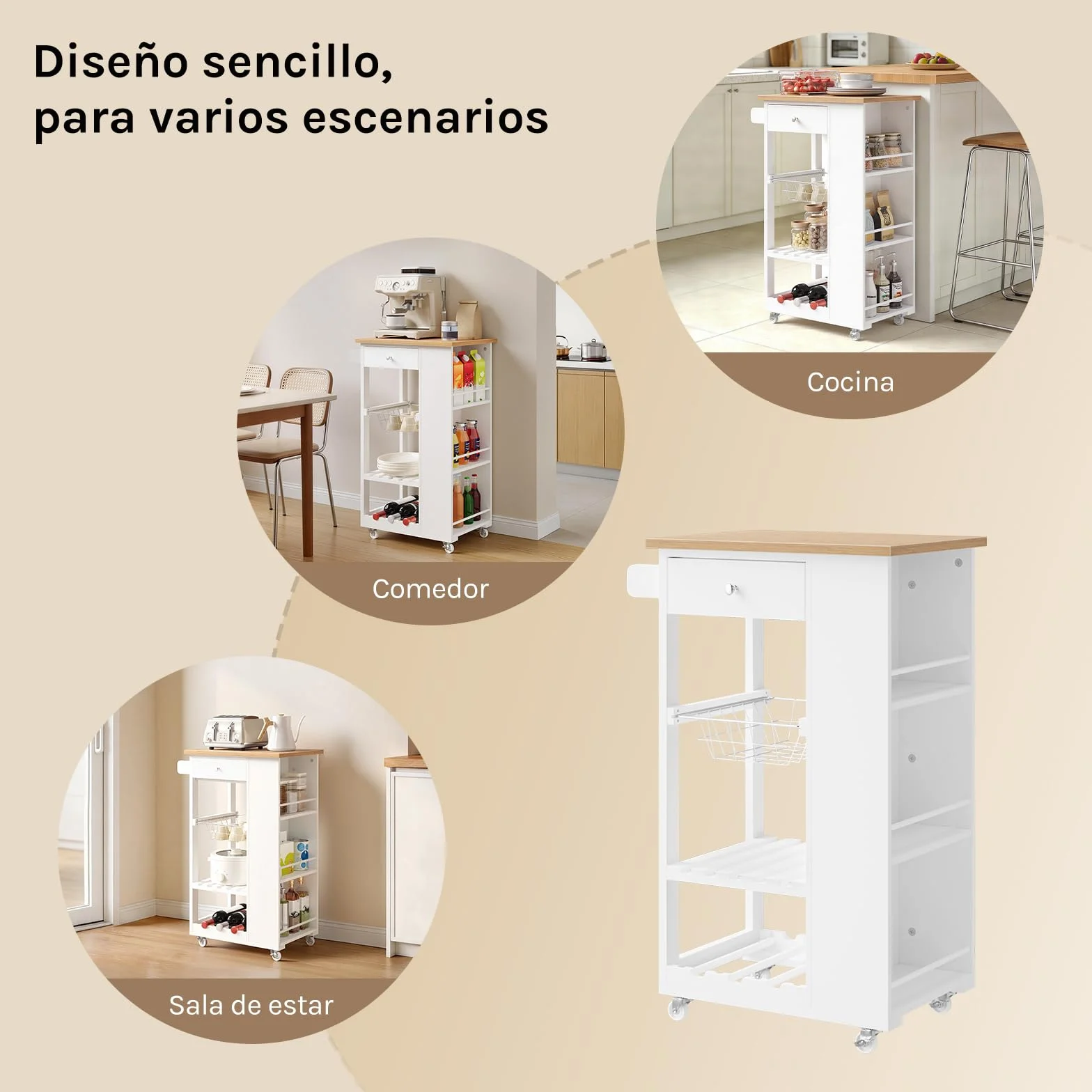 WOLTU Carrito Cocina con Ruedas, Carro Servicio con Cajón, Cesta, Estante Abierto, Botellero y Estantería Lateral en 3 Niveles, Isla de Cocina Multifuncional, MDF+Metal, Color Bambú + Blanco