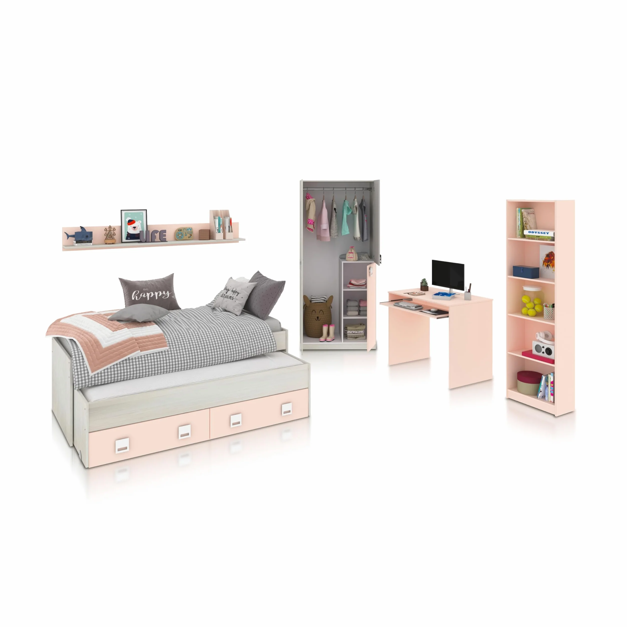 duehome | Pack de Dormitorio Juvenial con Cama Nido Juvenil, Armario, Escritorio y Estantería, Conjunto de Dormitorio Infantil, Modelo Kenia MAX, Acabado en Blanco Alpes, Rosa Pastel y Gris