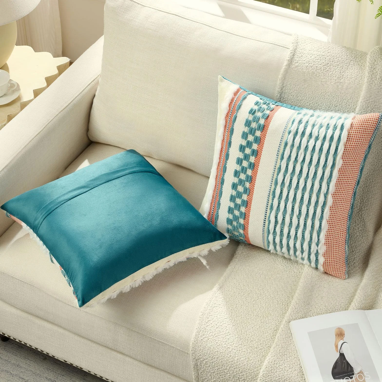 Ystyle Juego de 2 Boho Funda Cojin 50x50, Fundas Cojines Decorativa con Rayas y Textura Tufted Suave, Fundas de Cojines para Decoración del Hogar Sofá Dormitorio, Cian