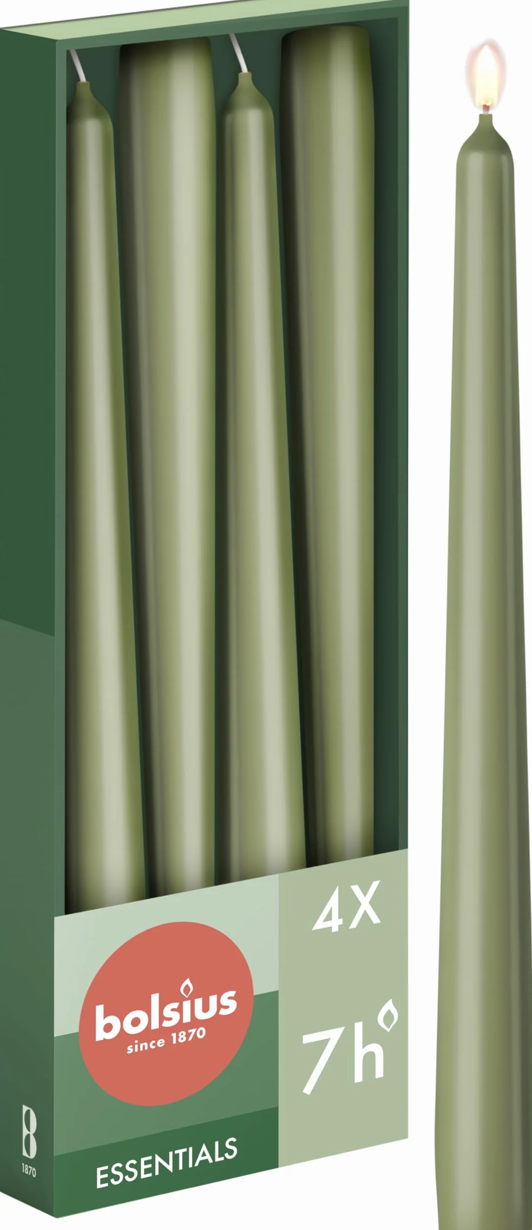 Bolsius - Velas cónicas - Color verde - Paquete de 4 - Velas decorativas para el hogar - Tiempo de combustión de 7 horas - Sin perfume - Sin aceite de palma