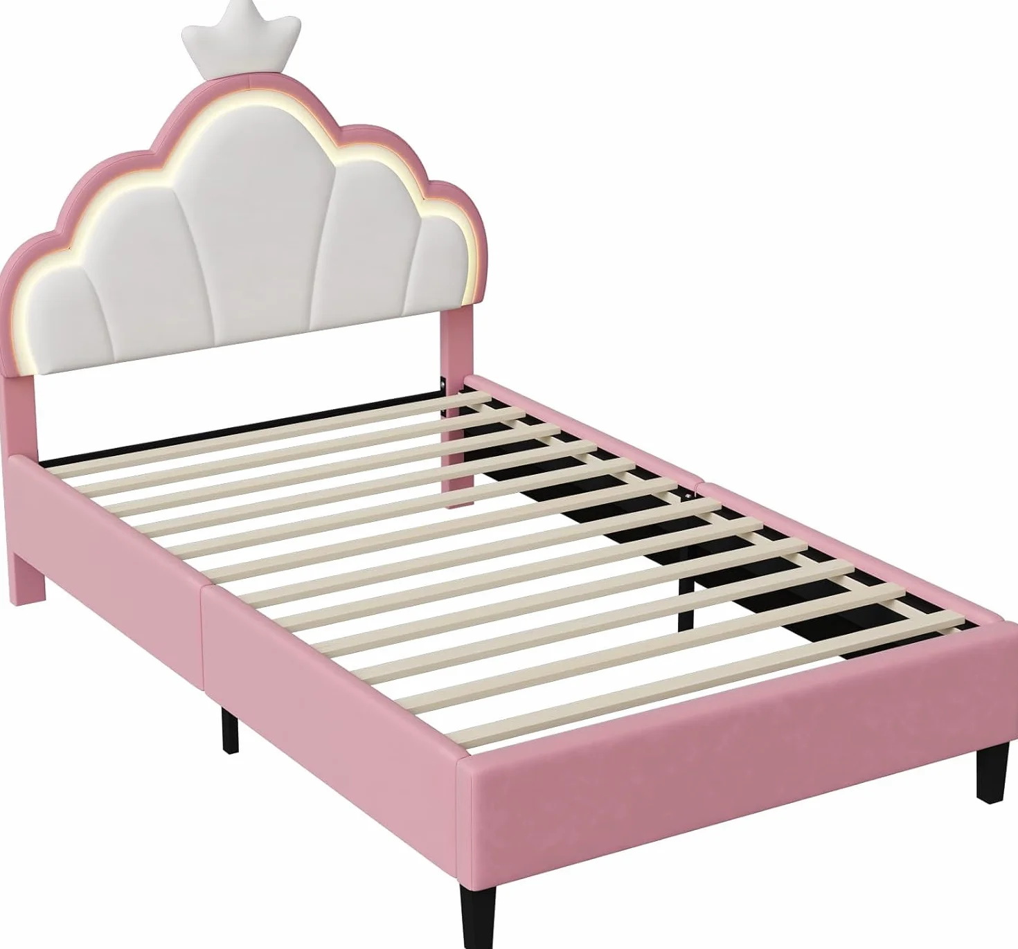Cama infantil tapizada de 90x200 cm, cama para niñas, camaInfantil, camaPrincesa con cabecero LED ajustable y somier de láminas, camaJuvenil de madera maciza y terciopelo, sin colchón (90*200)