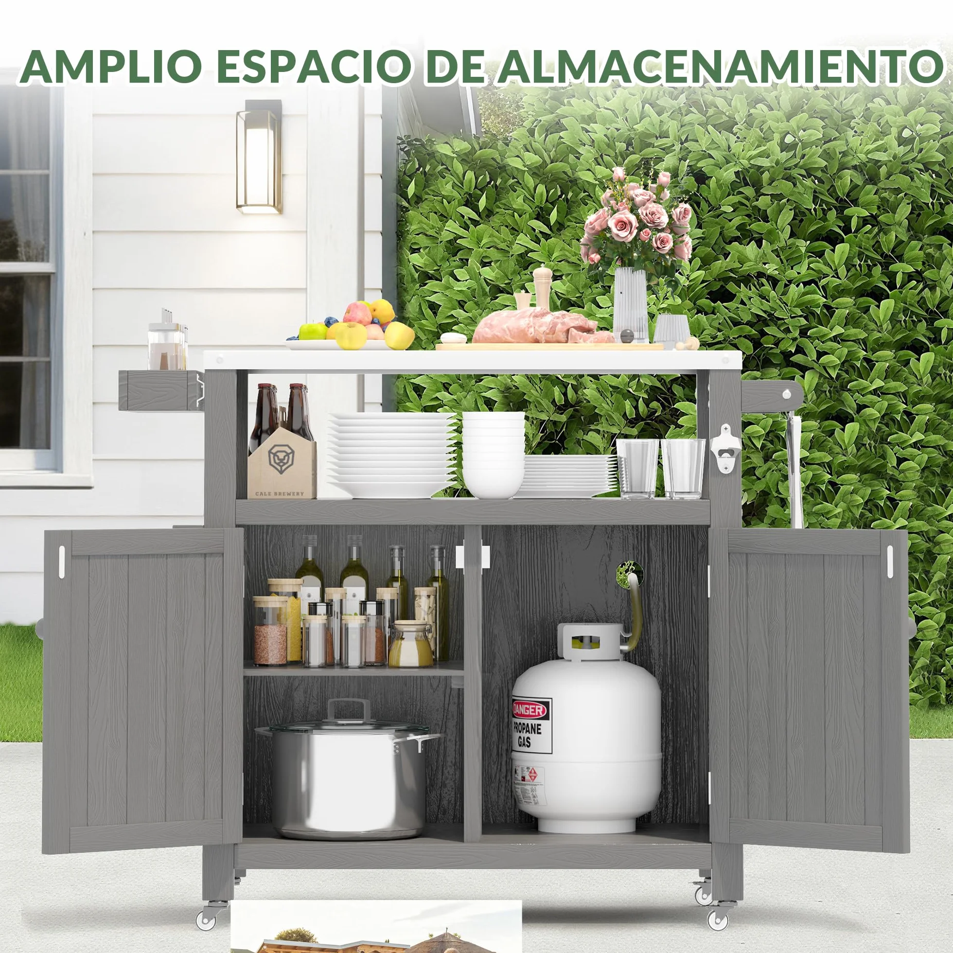Isla de Cocina Exterior HIPS Impermeable con Top de Acero Inoxidable & Armario de Almacenamiento, Mesa de Preparación Móvil con Ruedas para Preparar Comida BBQ, Carrito de Grill Exterior para Fiestas