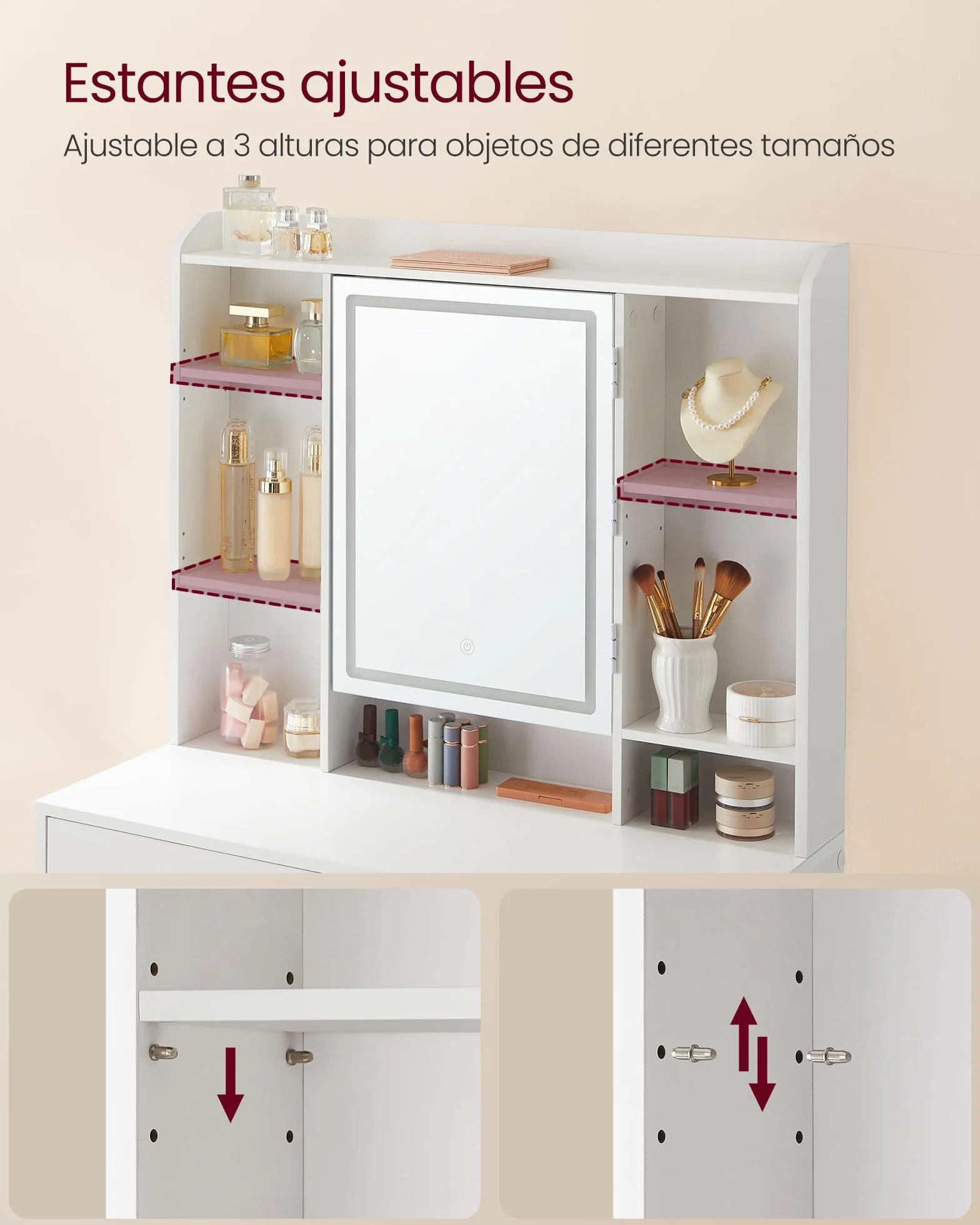 VASAGLE Kailyn Colección Tocador con Luces LED de 3 Colores Brillo Ajustable Mesa de Maquillaje Espejo Estantes Ajustables 2 Cajones Blanco