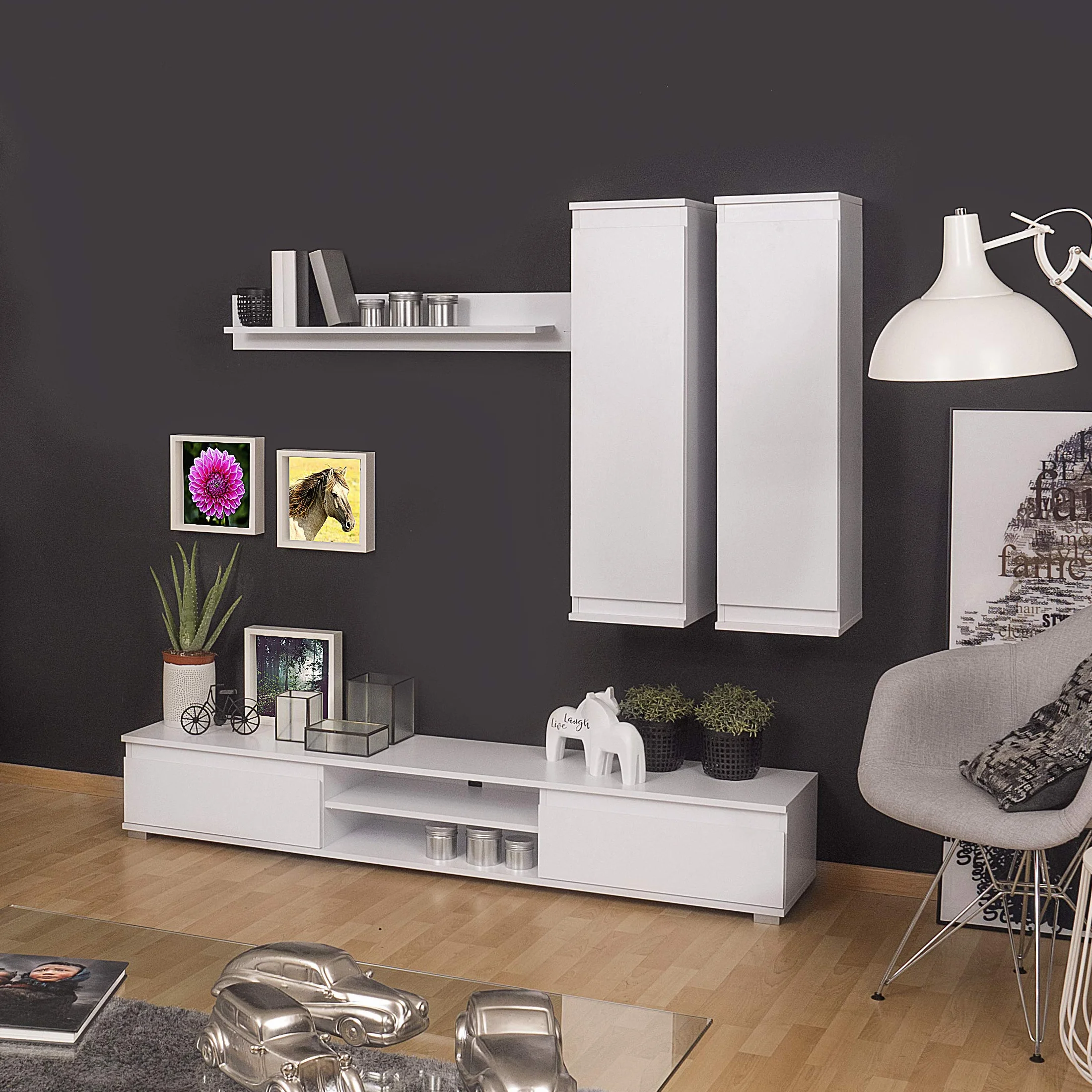 Homely - Mueble de salón modular LUCKY, conjunto de 4 muebles, mueble para televisión, 2 muebles altos y estantería alta, color blanco, medidas conjunto 175x180x37 cm
