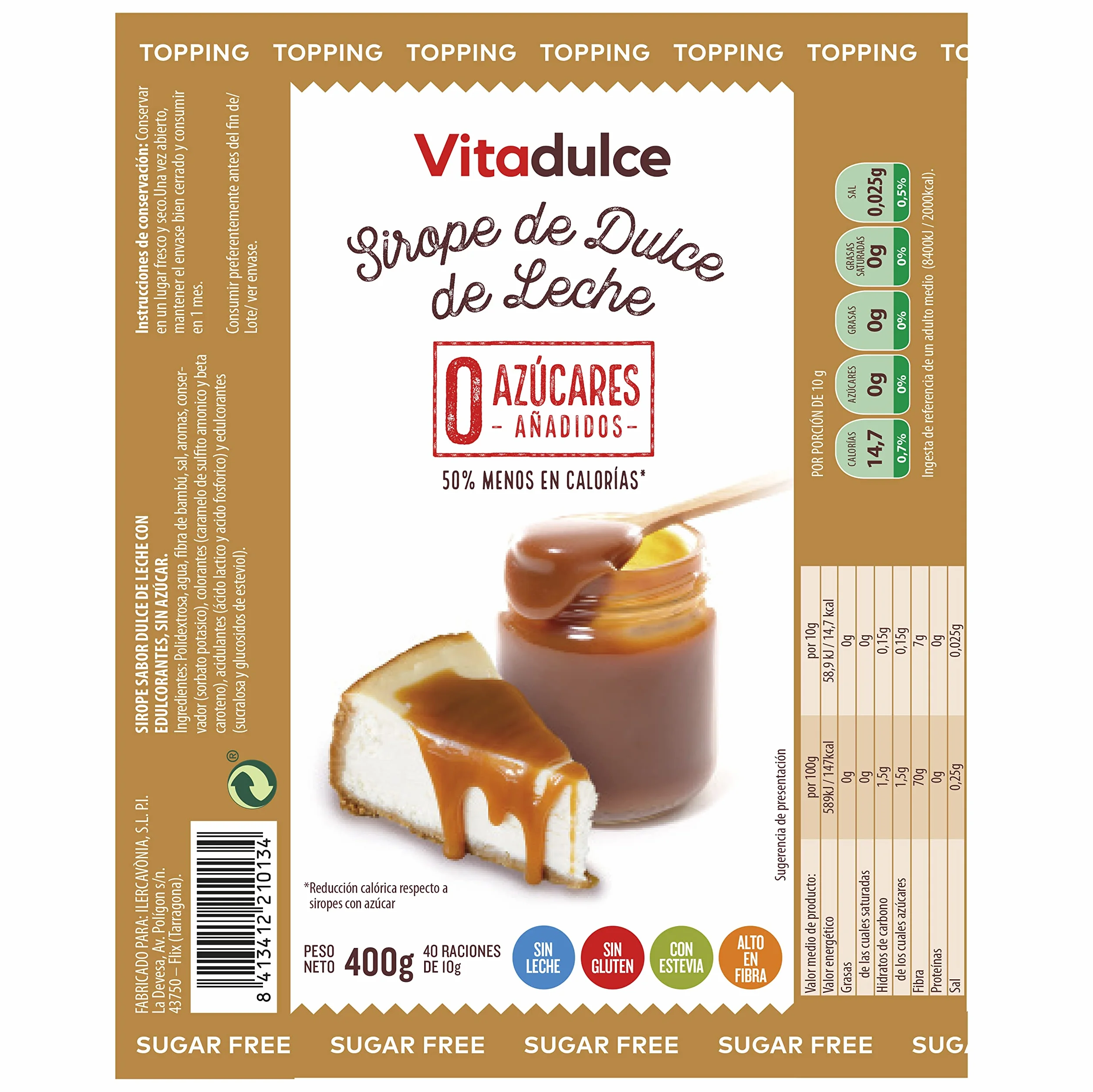 Sirope de dulce de leche sin azúcares añadidos, Topping bajo en calorías 400 gr Vitadulce