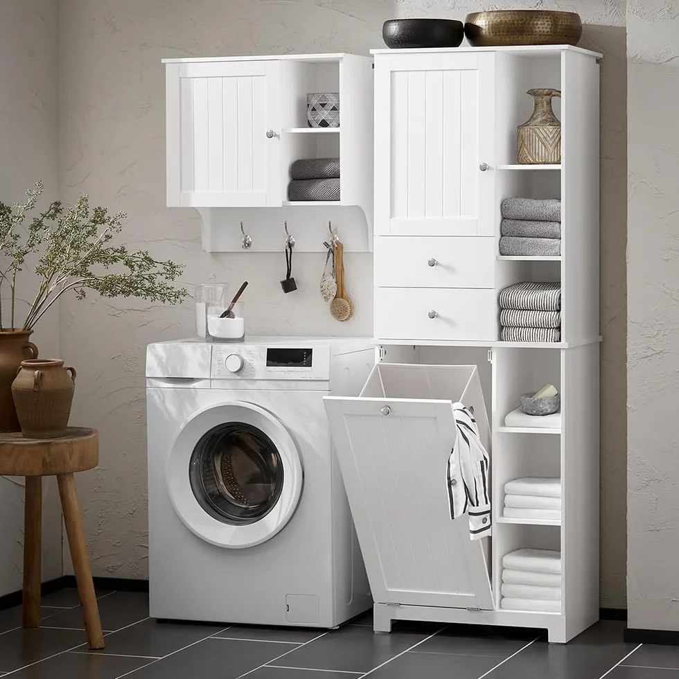 SoBuy Mueble Baño con Cesto De Ropa Sucia Y 6 Estantes, 60x37x171 Cm | Armario alto con 6 estantes y 2 cajones para ropa, toallas y productos de baño; ideal para familias. Blanco. BZR104-W