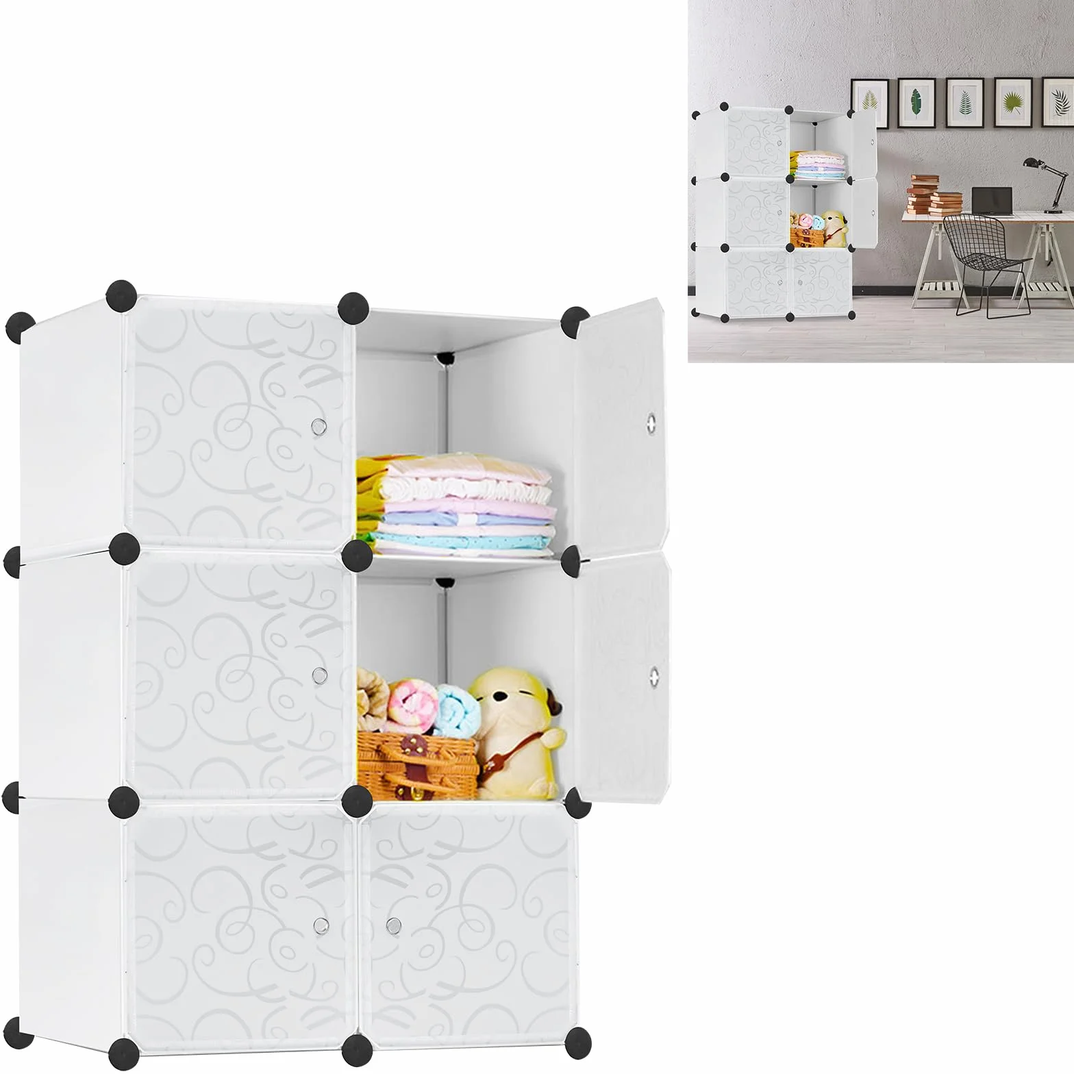 YUENFONG Sistema de estanterías para armario de 6 cubos PP, con puertas, para libros, ropa, juguetes, blanco