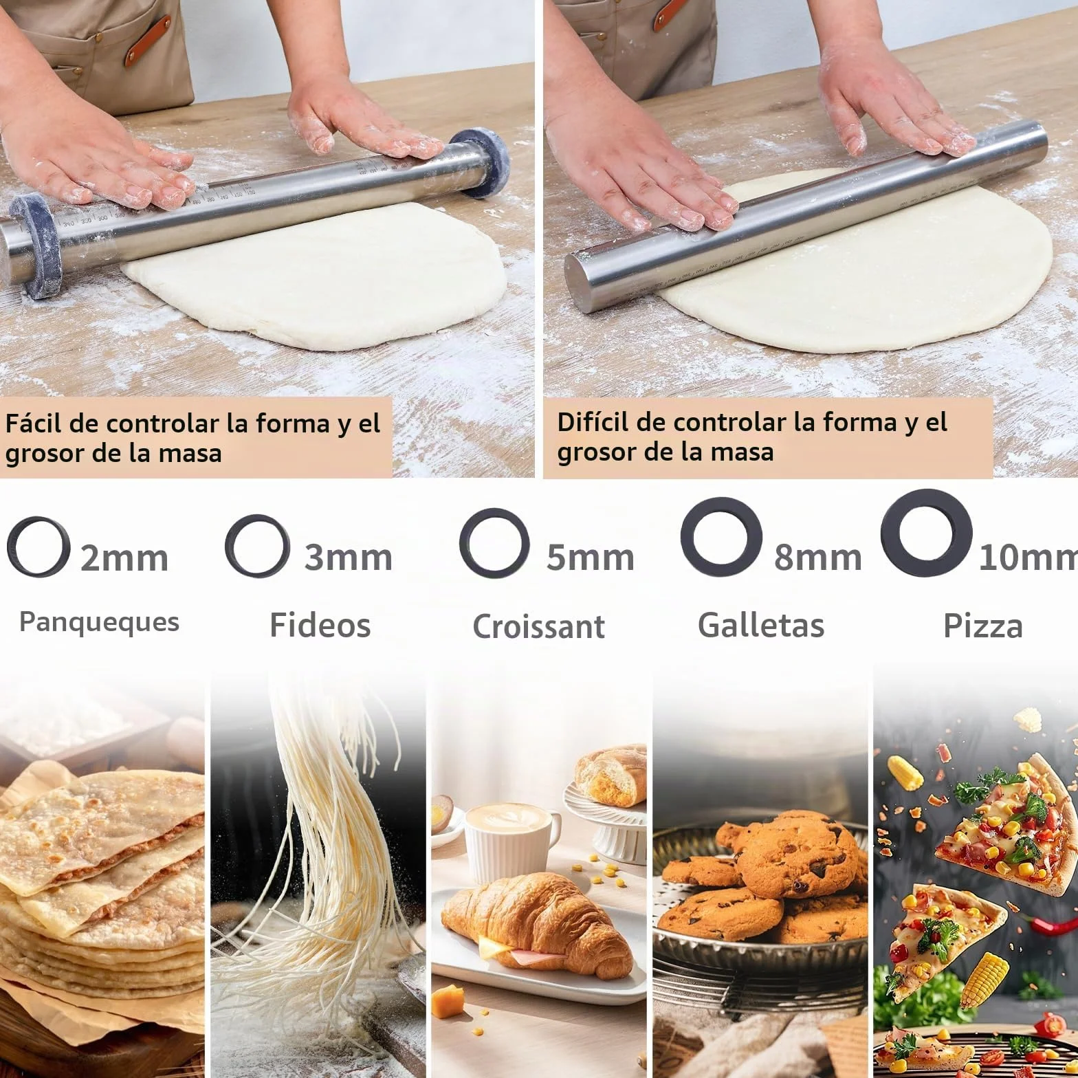 Rodillo Amasar Acero Inoxidable con 5 Discos Ajustables Anillo Grosor, Accesorios Horneado Fondant Pastelería Pizza Pastas 40 cm