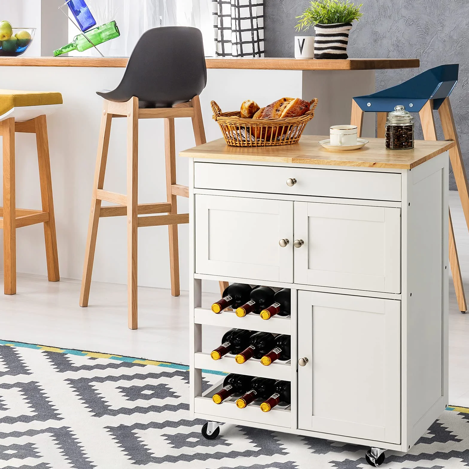 KOMFOTTEU Carro de Cocina de Madera, Carrito de Servicio con Ruedas, Mueble Isla Móvil con Cajón, Botellero de 3 Niveles y 2 Armarios, para Comedor, Bar, Restaurante, 67 x 37 x 86 cm (Blanco)
