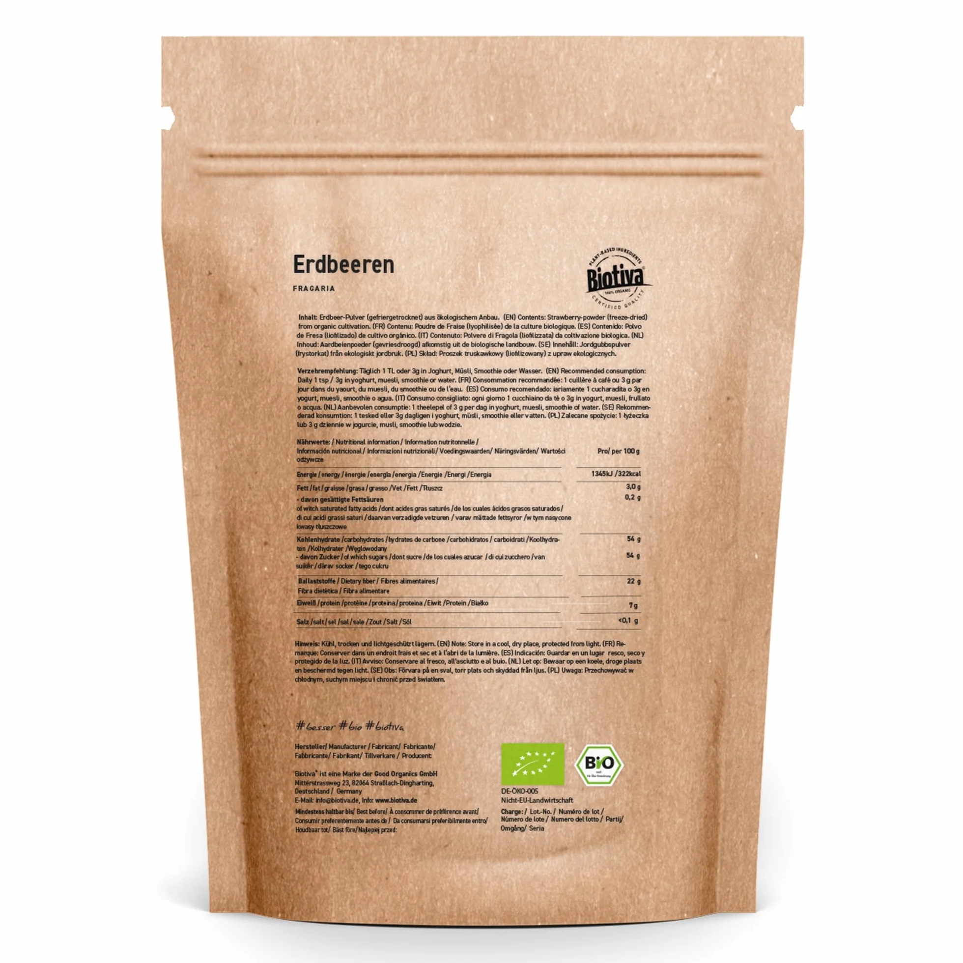 Biotiva Polvo de fresa orgánica liofilizado 90 g - Superfood vegano sin lactosa sin soja