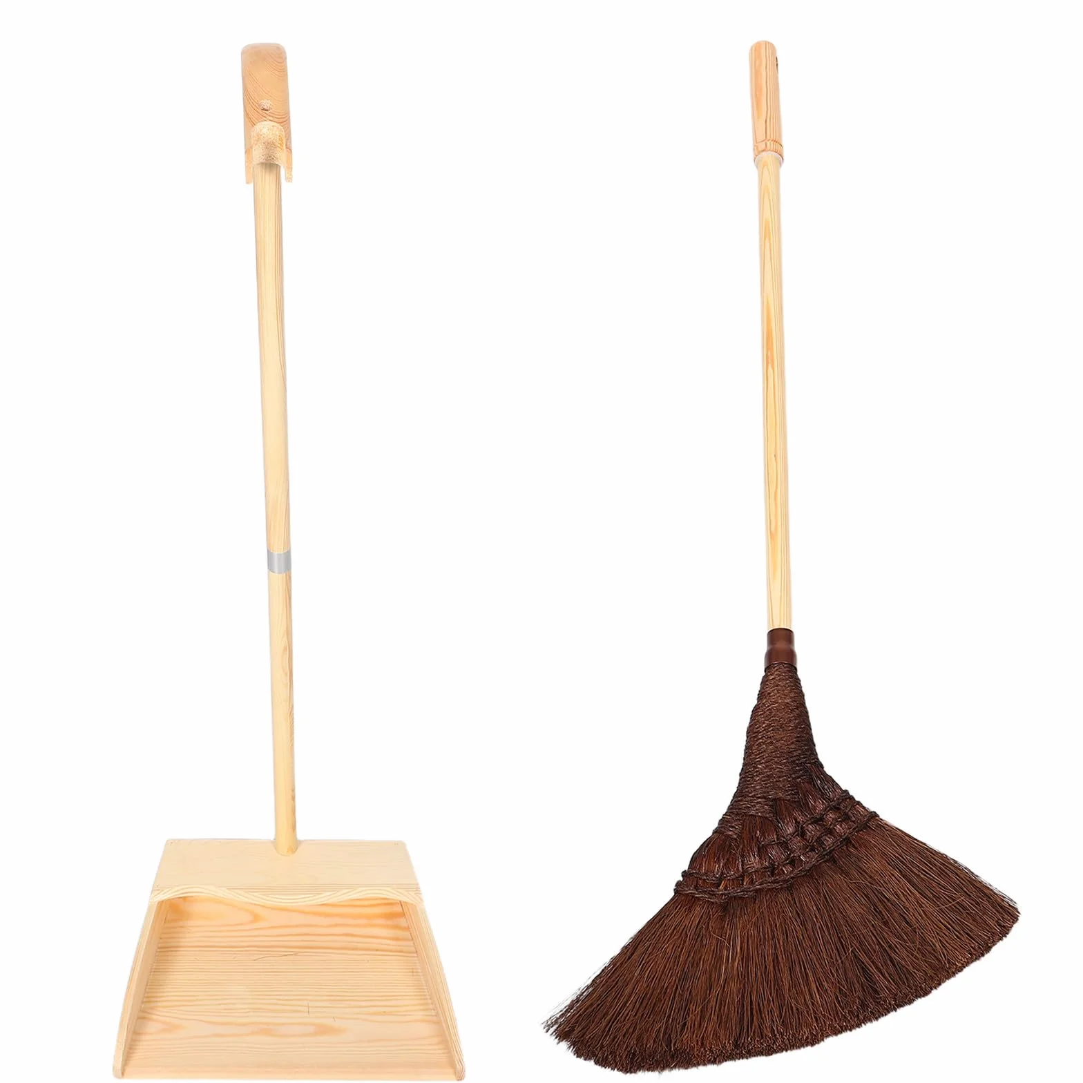STOBAZA Juego de Escoba Barredora de Piso y Recogedor de Pie de Madera y Palma Natural, Diseño Artesanal Antistático para Limpieza en Tareas Domésticas y Cocina
