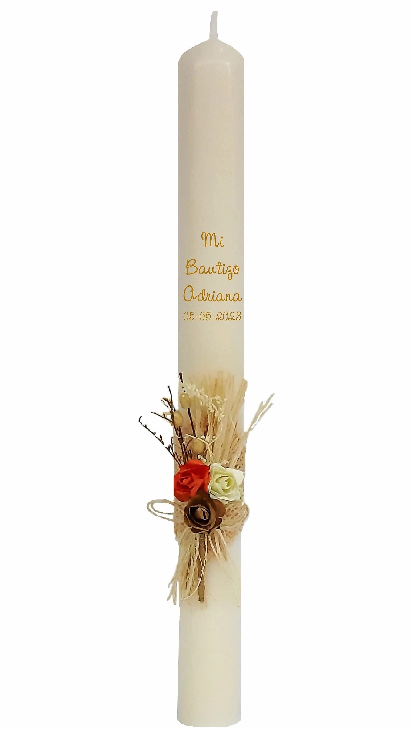Vela/Cirio de bautizo de CERA BEIG decorada con pick floral rústico para niño/a (RUSTICO)