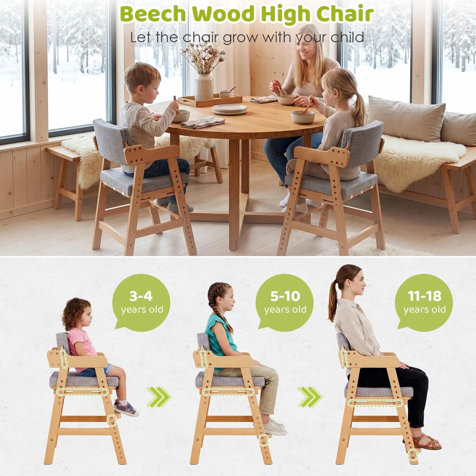 MAMIZO Silla para Niños Madera de Haya, Apta para Niños a Partir de 3 Años, con Altura Regulable y Cojín Cómodo, Silla de Comedor con Soporte hasta 120 kg, para Estudiar y Comer, Color Madera Natural