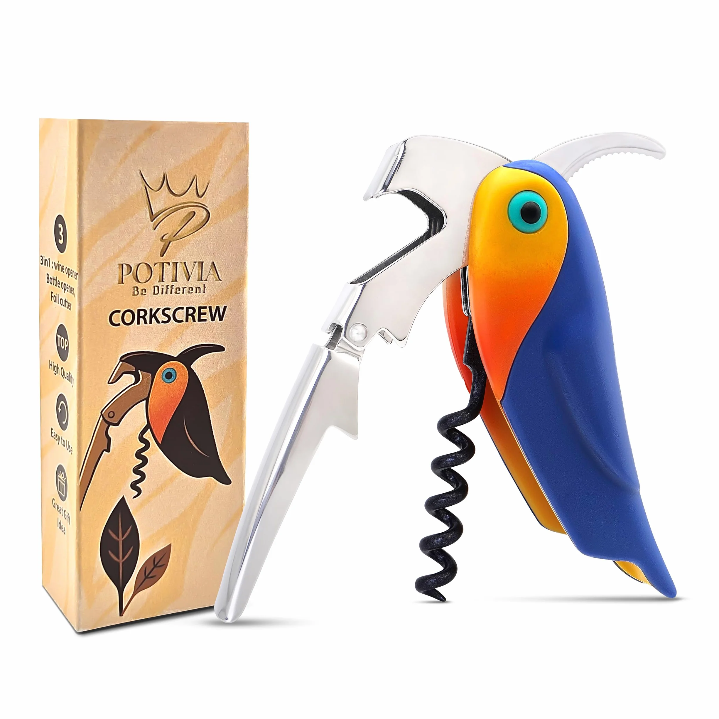 Sacacorchos para camarero, llave de vino profesional para camareros y camareros con cortador de papel de aluminio, abrebotellas manual, doble bisagra, forma de pájaro 3 en 1, ergonómico para