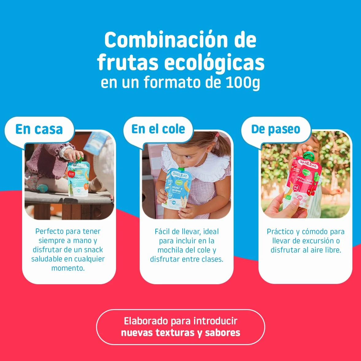 Smileat Pouch de Frutas Ecológicas Sin Sal ni Azúcar Añadido Sin Gluten Snack Práctico para Peques Sabor a Cereza Açai y Amaranto