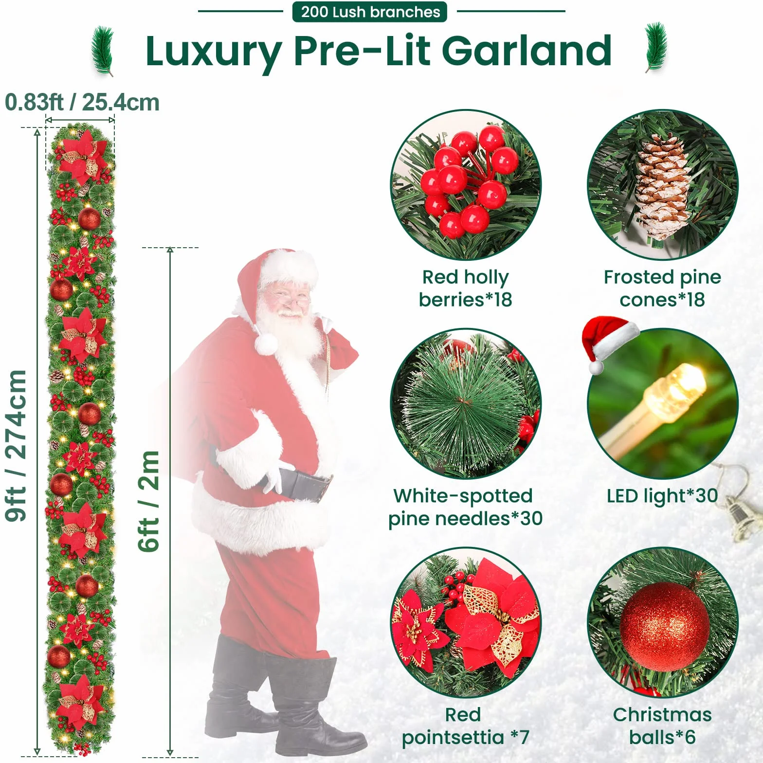 Guirnalda de Navidad con Luces LED, 2,7 m (9 pies) Corona de Navidad Artificial con Luces, Corona de Navidad de Iluminación, para chimeneas, escaleras, Adorno de Navidad (Rojo)