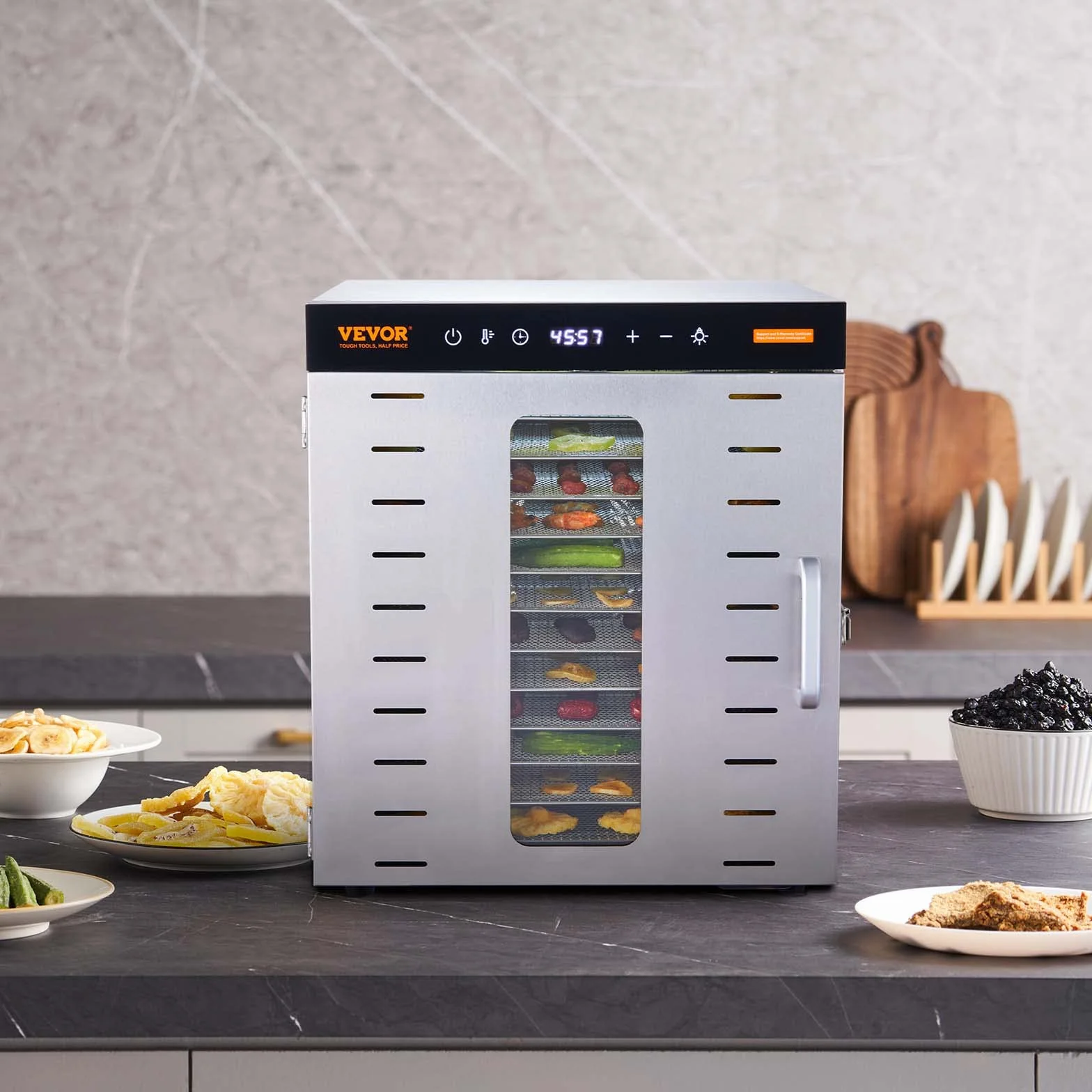 VEVOR Máquina Deshidratadora de Alimentos 10 Bandejas Acero Inoxidable 1000 W Temperatura Ajustable 30-90 °C Temporizador 0,5-48 h