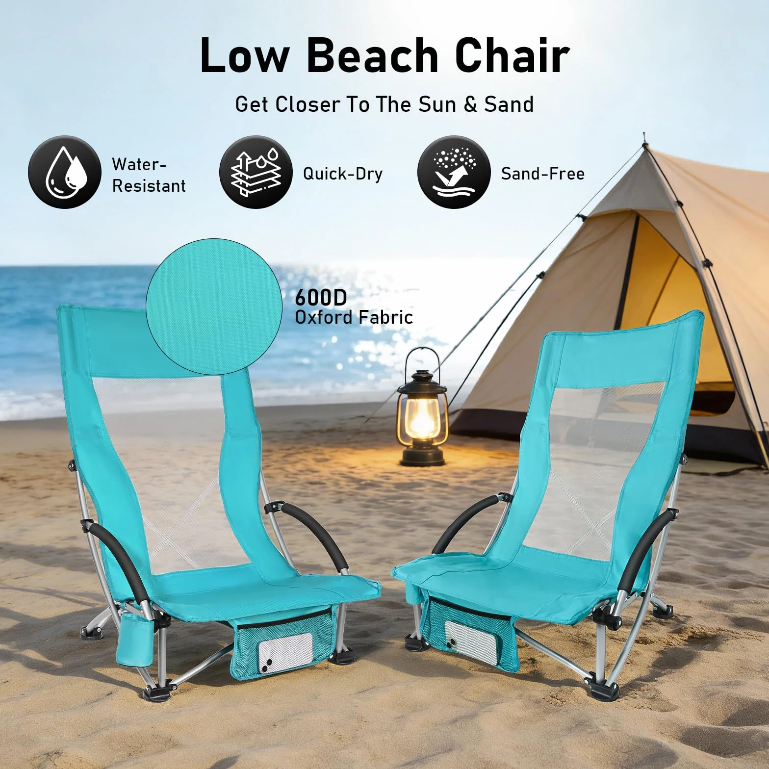 WildFun Silla de playa plegable baja, ligera y portátil, con respaldo alto, soporte para bebidas, soporta hasta 180 kg, para viajes, exteriores, barbacoas, pícnic, festivales (1 unidad, azul)